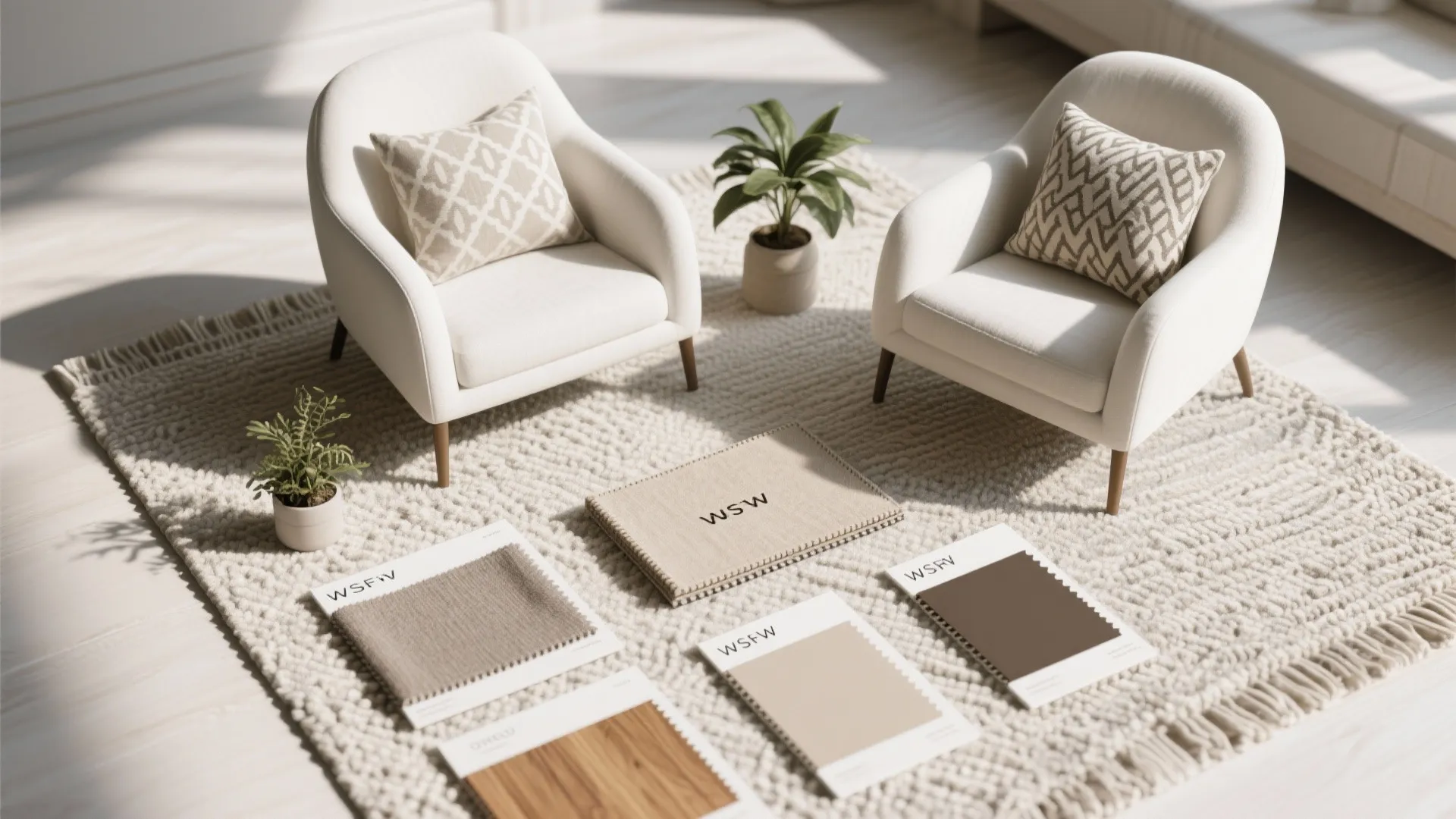 Flatlay of fabric swatches, rug sample, cushions and wood chips for styling white chairs.