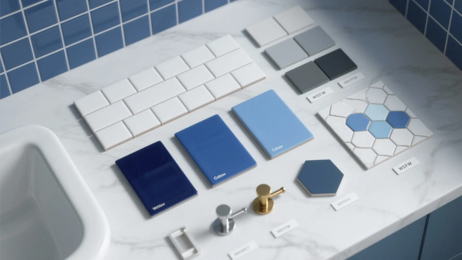 Material collection of blue and white bathroom tiles arranged on a white marble stone surface