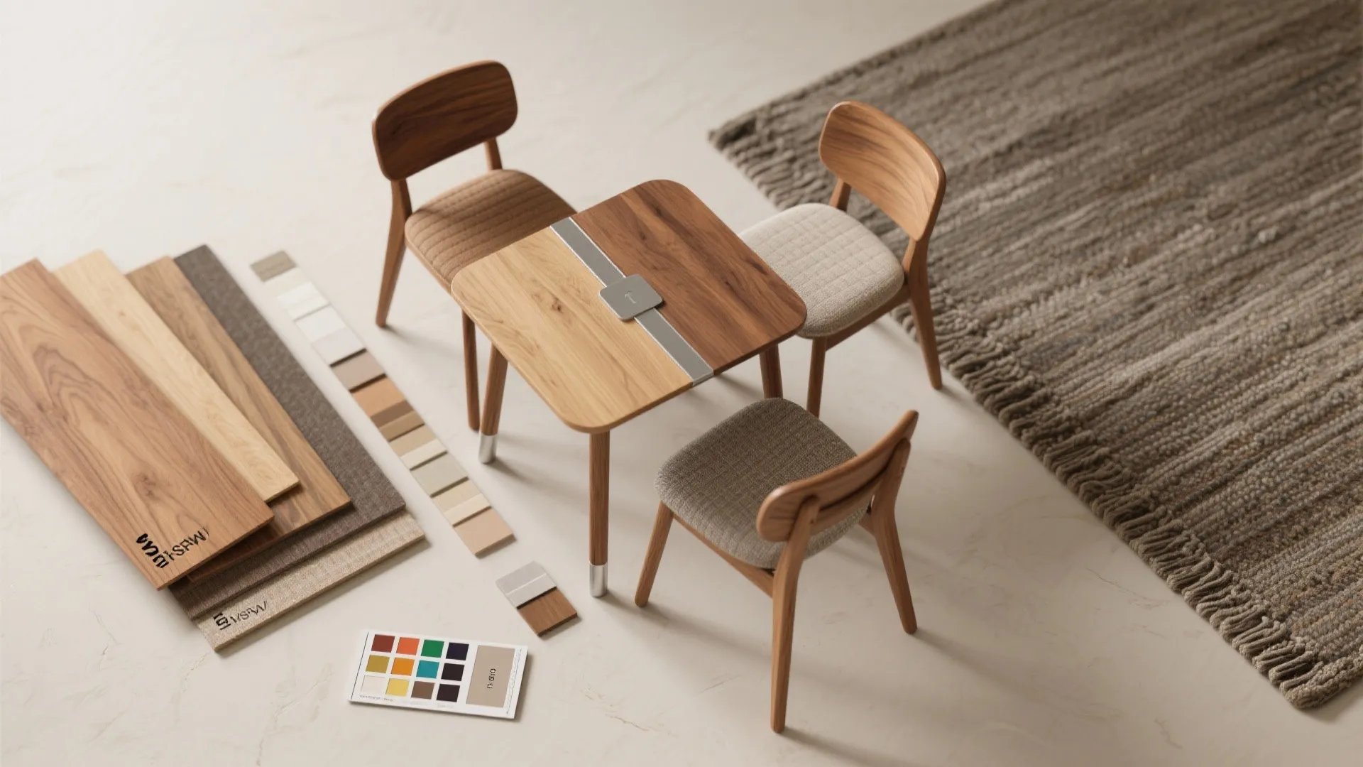 Flatlay of wood and fabric swatches including oak, beech, and cushion samples for dining chairs.