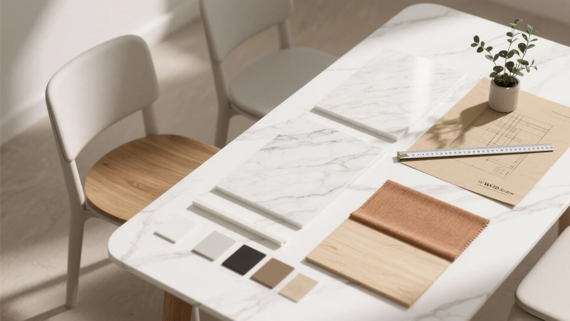 Interior design mood board with stone samples wood tiles fabric and floor plan on table