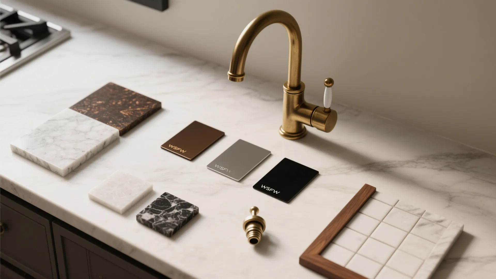 Marble kitchen countertop showing gold faucet with various material samples for interior design material selection