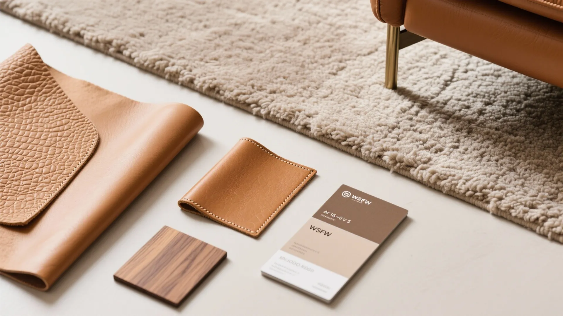 Interior design material samples including leather and wood placed on a floor next to rug