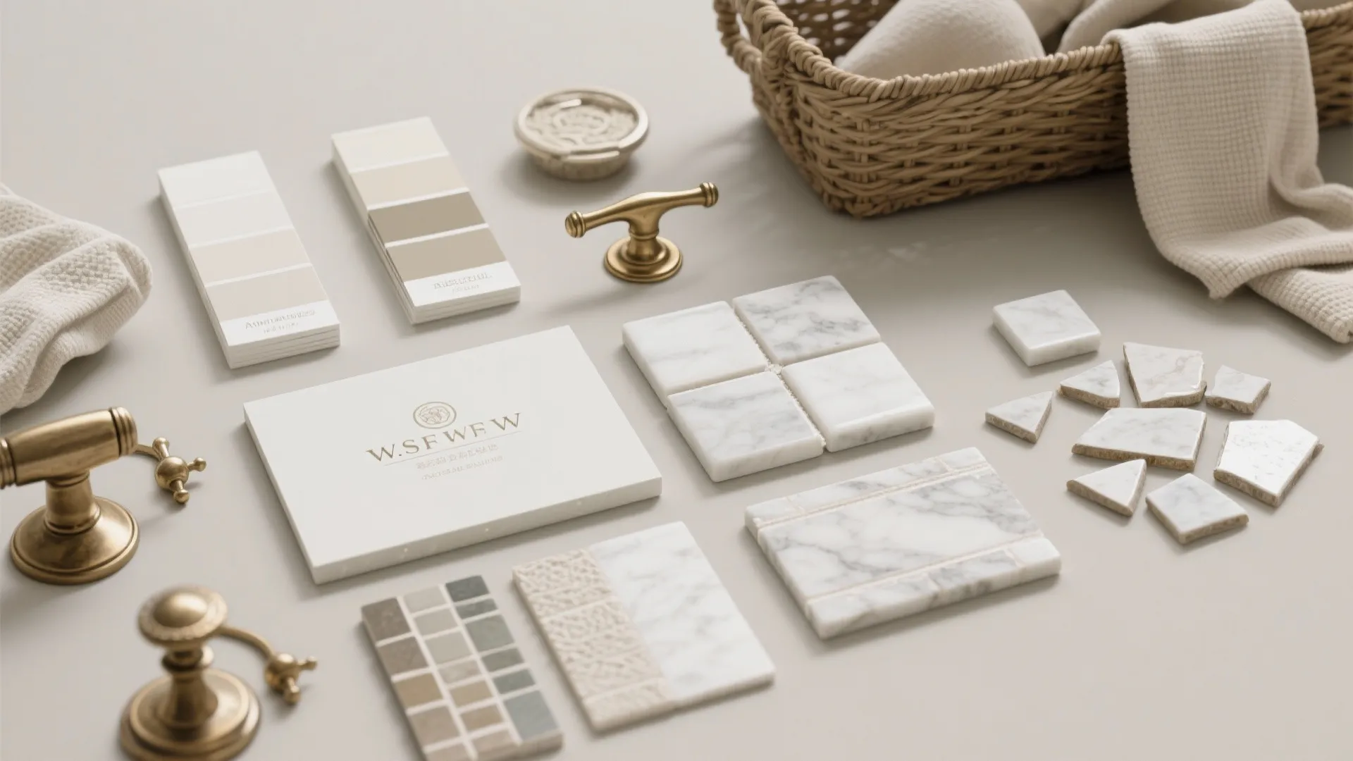 Flatlay of paint swatches, brass hardware, grout samples and countertop chips for an antique white vanity.