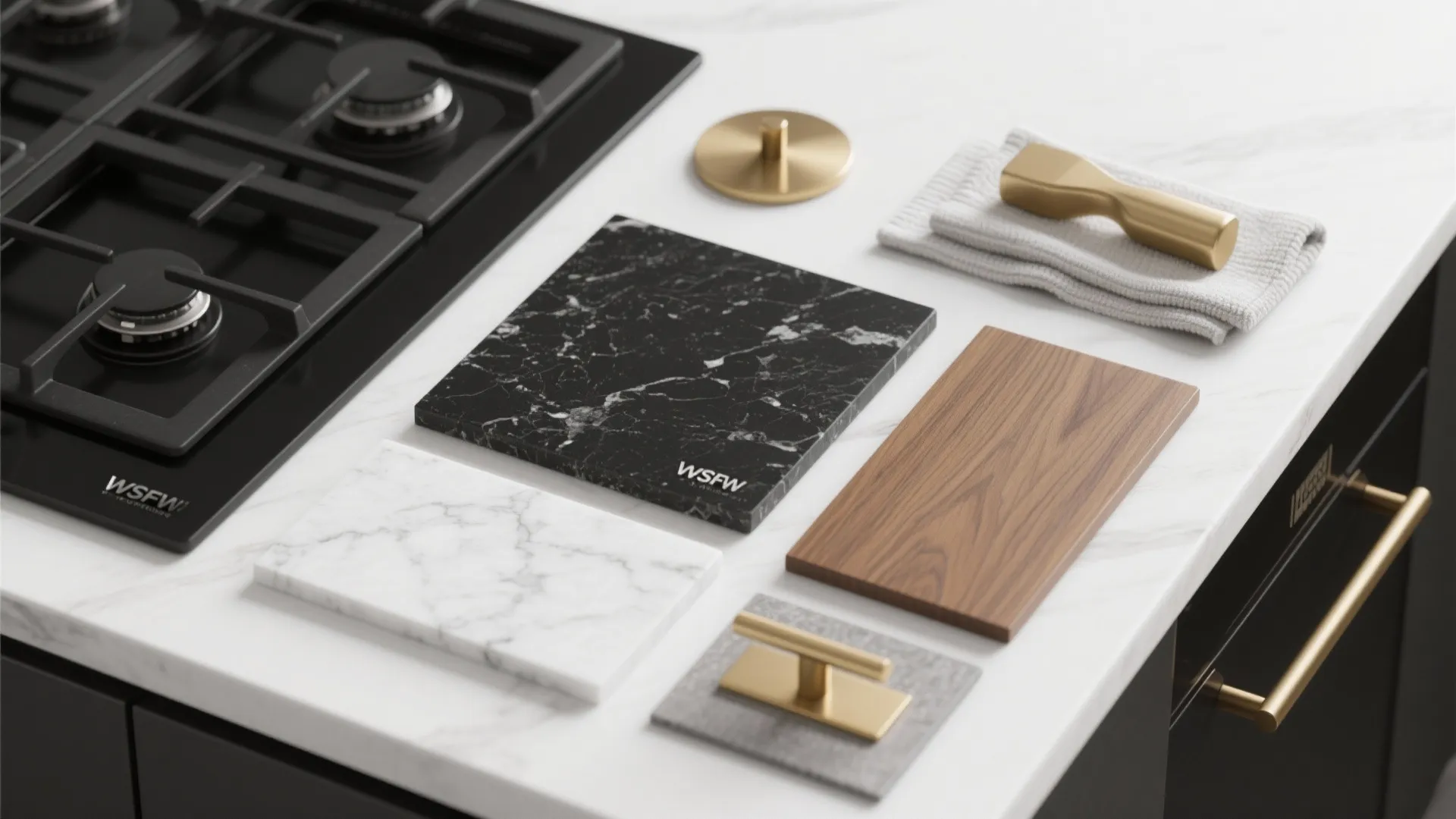Material flatlay showing black granite sample, quartz swatch, wood and hardware for kitchen planning