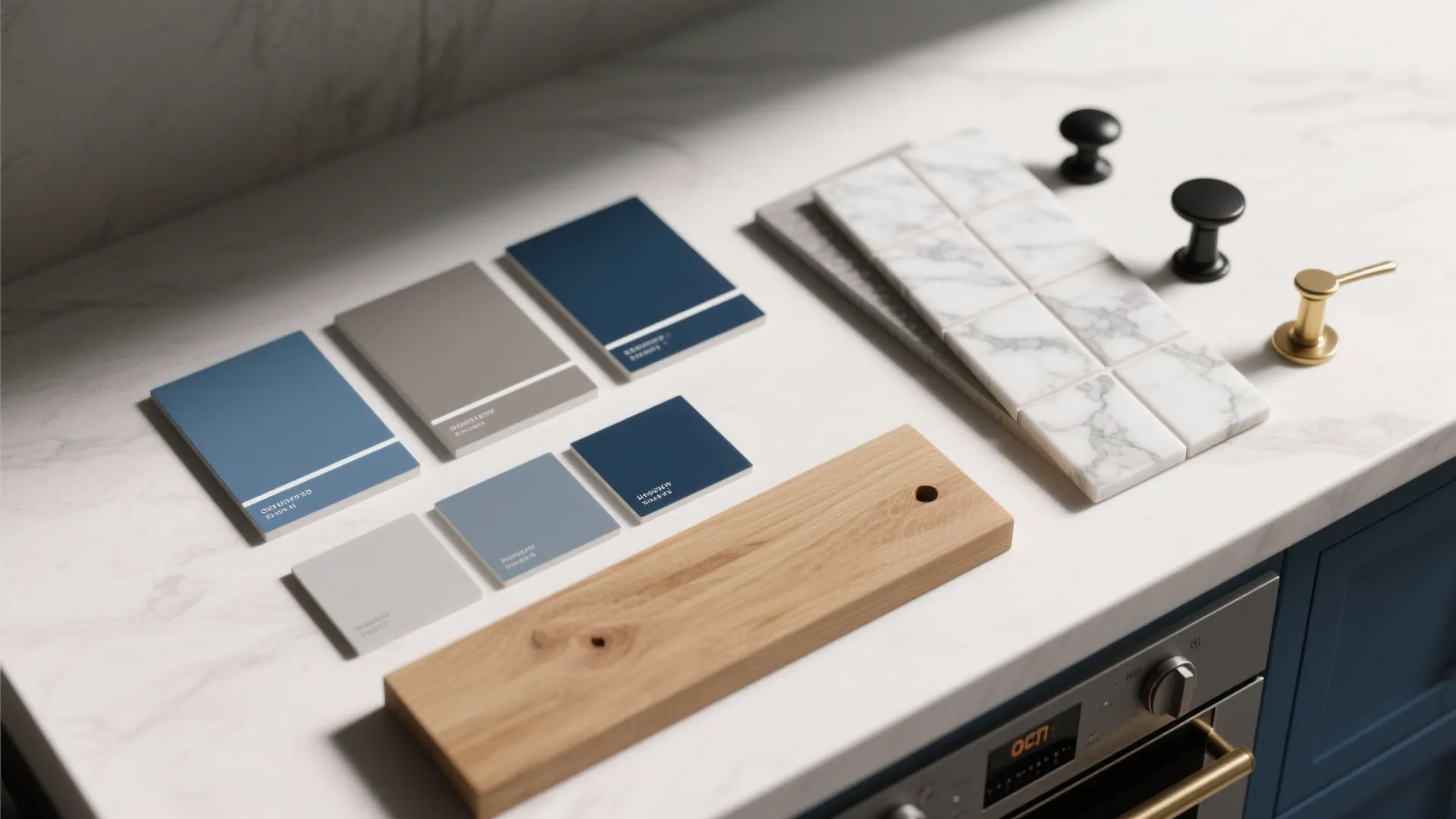 Flatlay of paint swatches, oak sample, marble tile and hardware for blue-grey kitchen palette