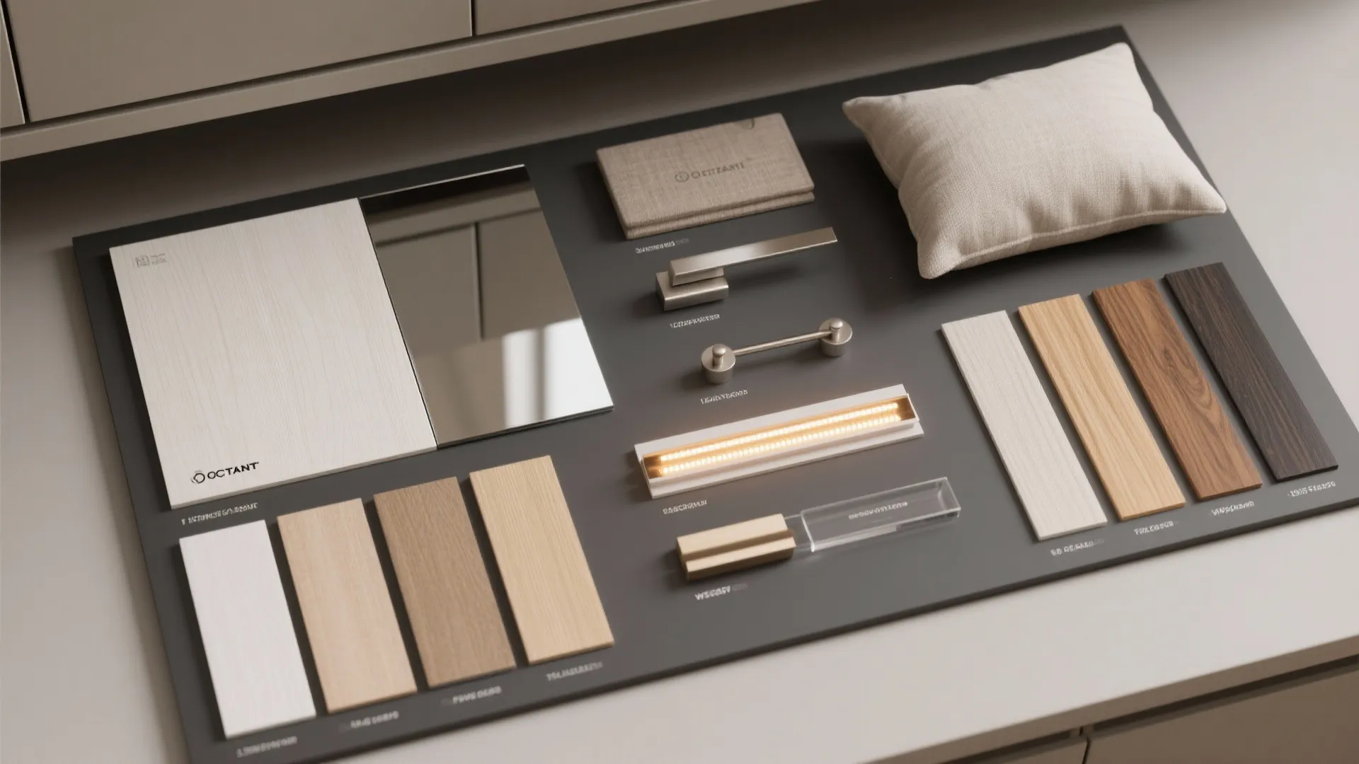 Interior design material board with wood samples fabric pillow metal handles and a light fixture