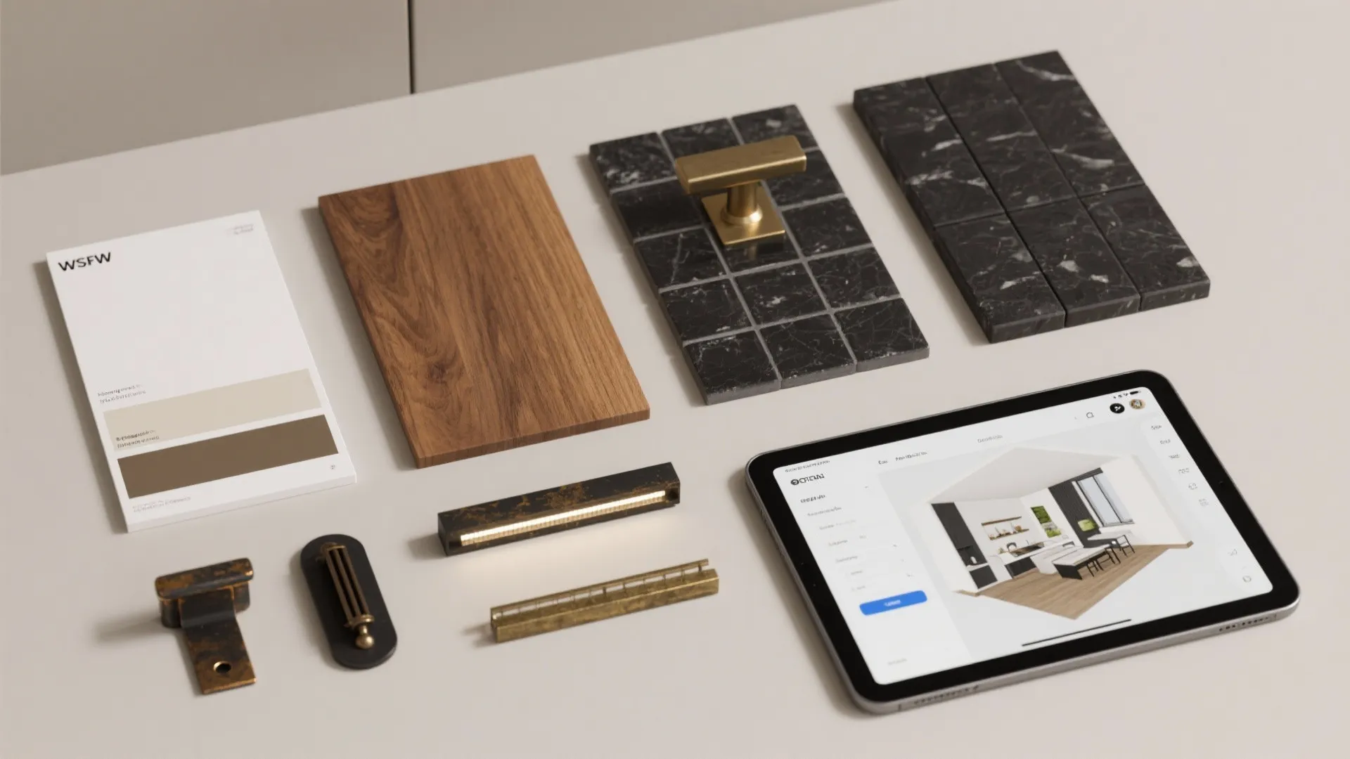 Interior design mood board with wood samples black tiles metal handles and digital tablet display