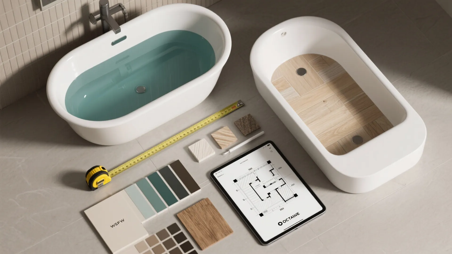 Flatlay of material samples, tape measure and a tablet showing a floor plan for planning small soaking tubs.