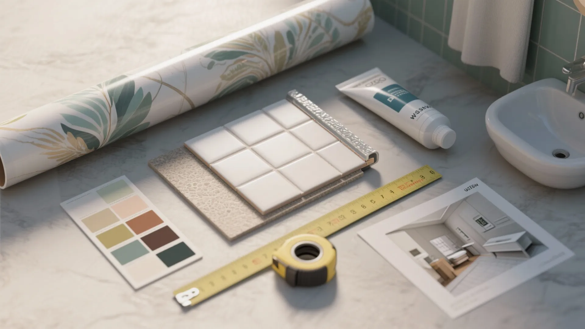 Interior design materials including wallpaper roll tile samples color palette measuring tape and a small photo