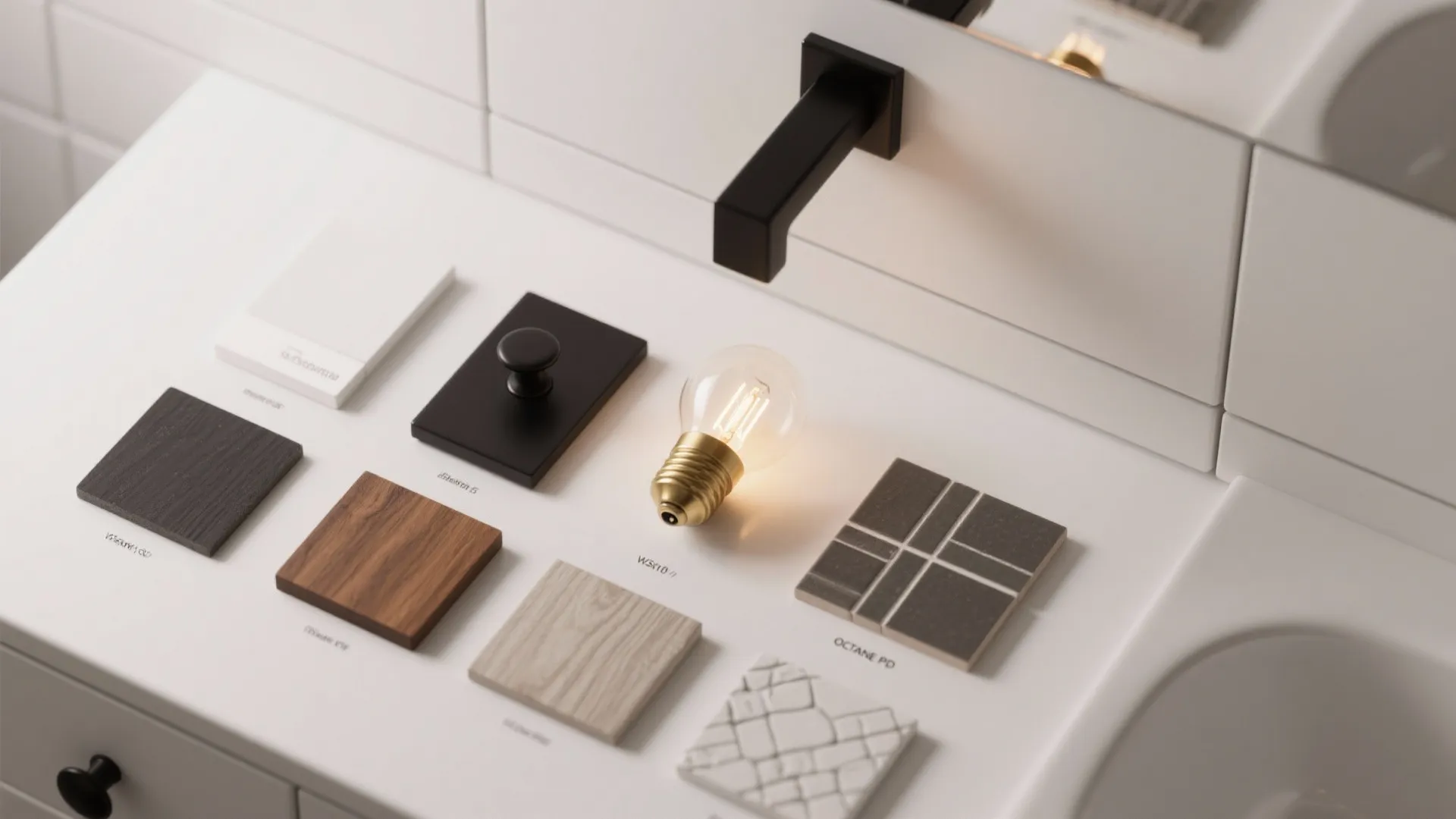 Flatlay of material samples: matte white, satin black hardware, teak, brass accent, and LED bulb.
