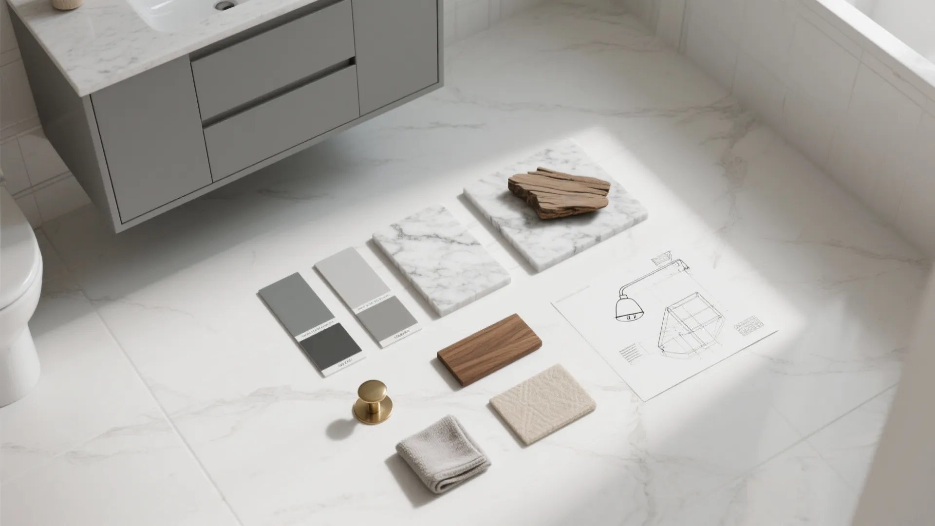 Flatlay of gray paint chips, marble sample, teak offcut and brass hardware for bathroom planning.