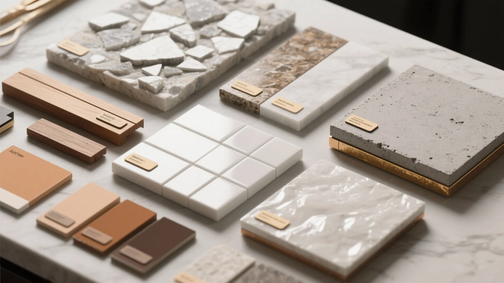 Interior design material board with wood samples stone tiles marble pieces and different colored swatches