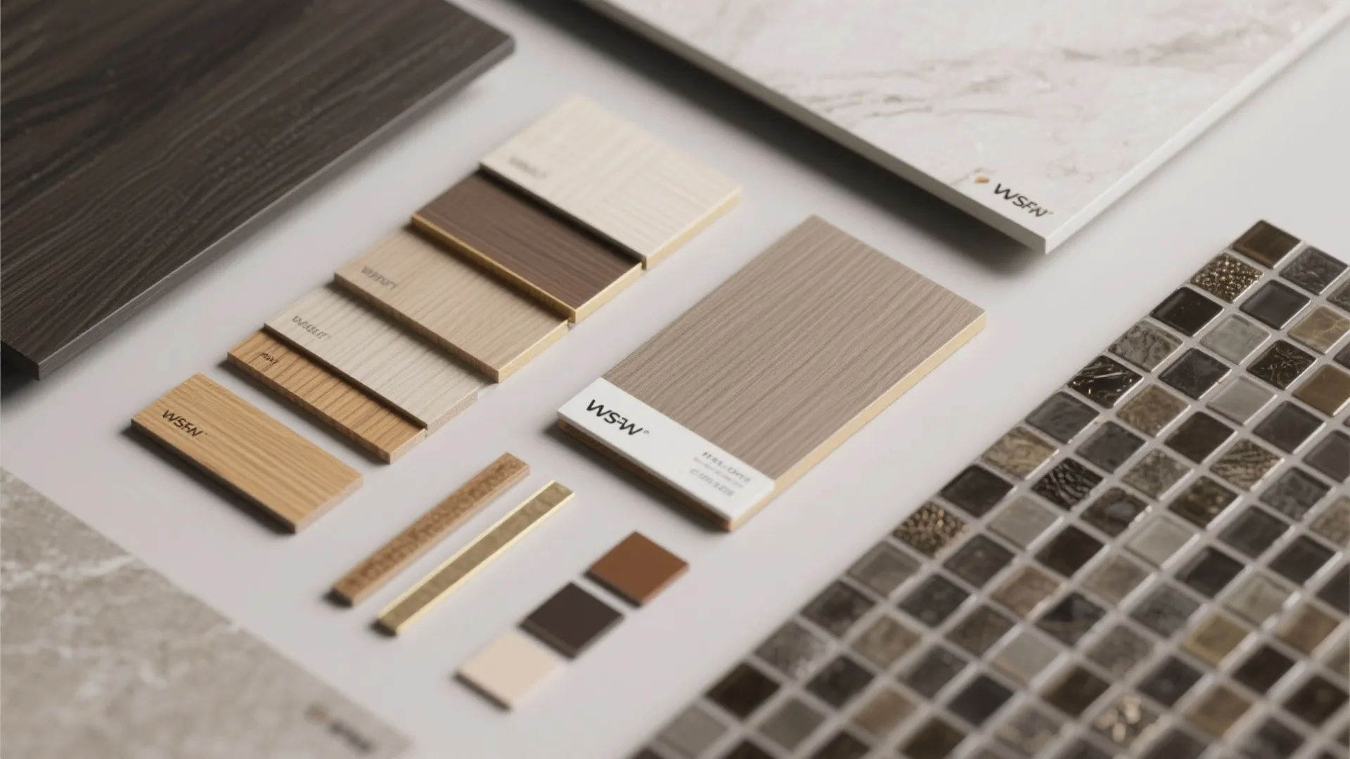 Interior design material board with wood samples mosaic tiles marble pieces and various color fabric swatches