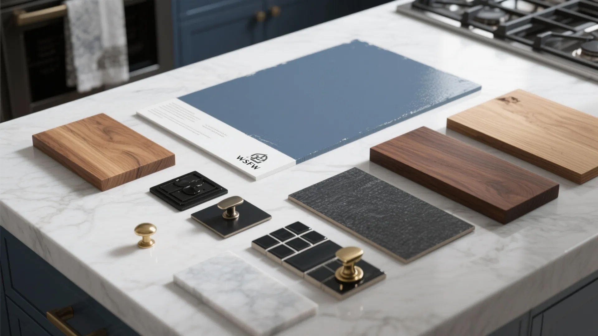 Interior design materials including wood samples marble tile blue board and gold handles on white marble
