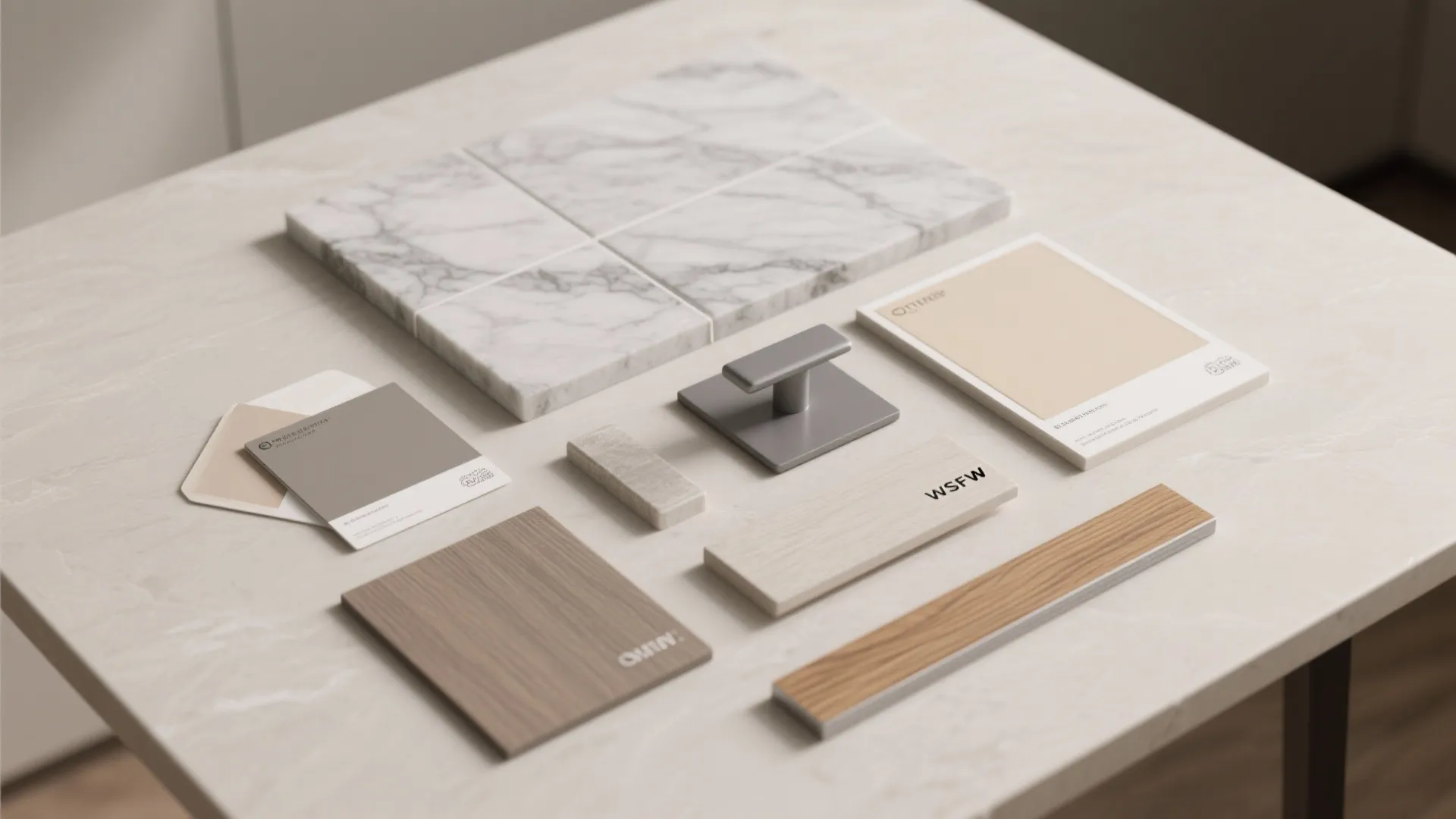 Interior design material board with marble tiles wood samples metal handle fabric swatches and color