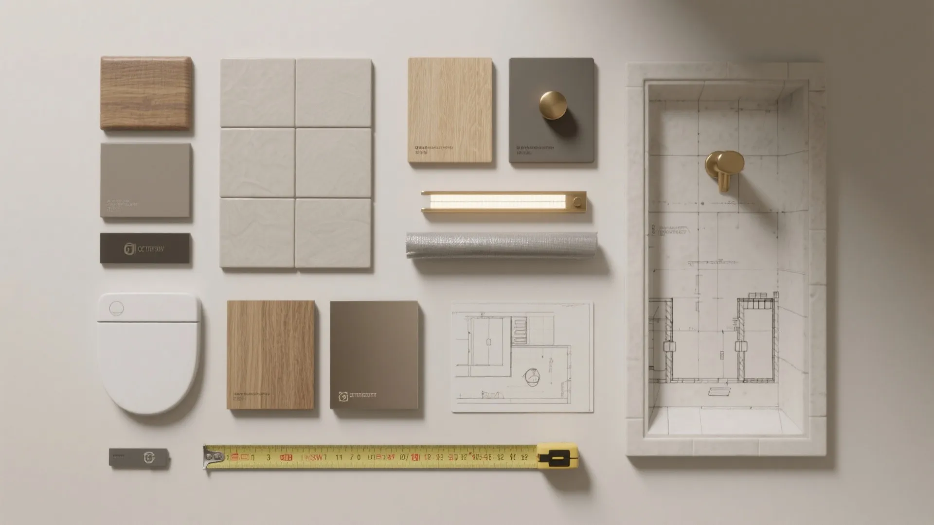 Bathroom interior design material samples with wood tiles toilet seat tape measure and white marble sink