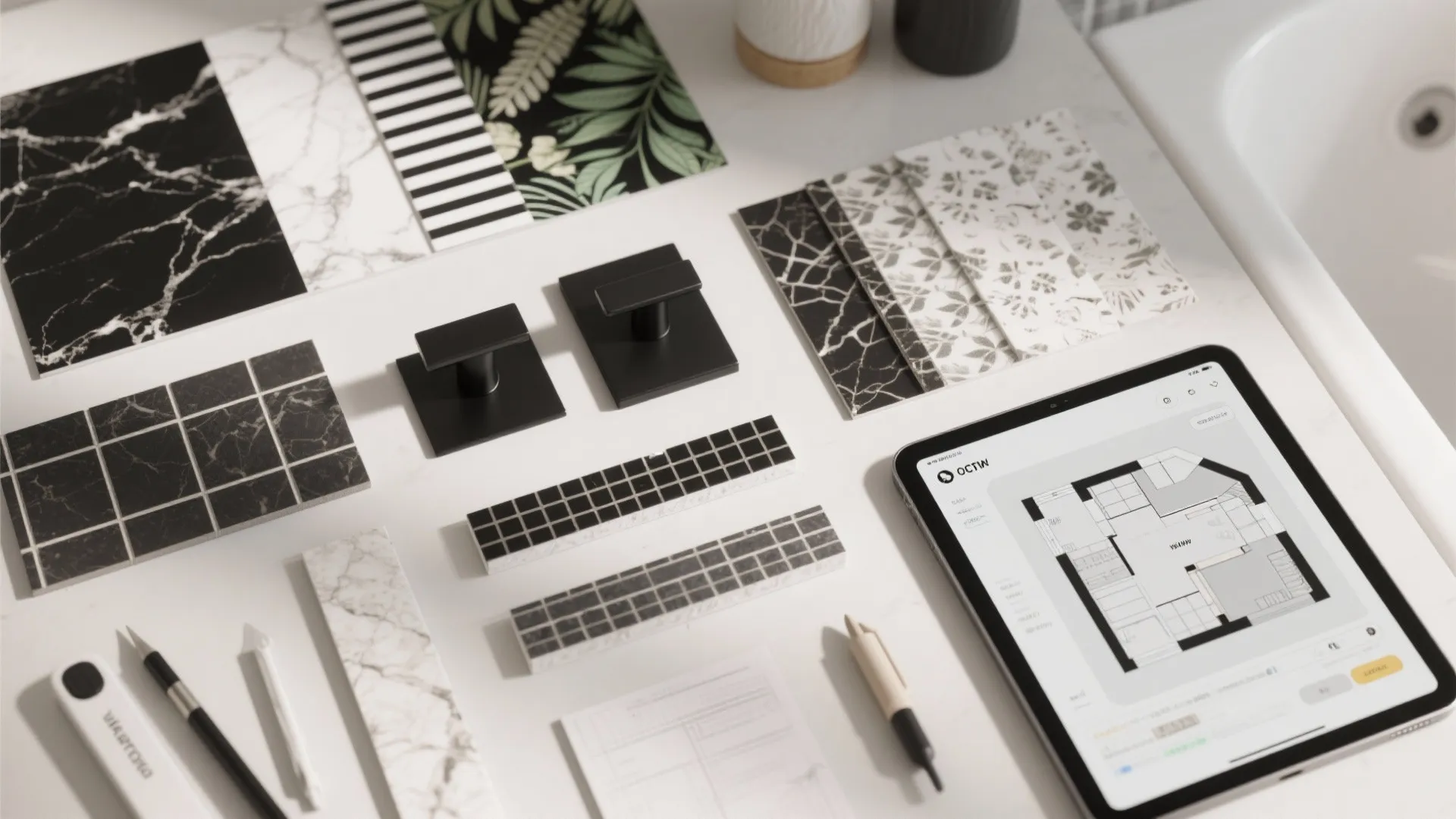 Top-down flatlay of vinyl wallpaper swatches, hardware samples, grout trim, and a tablet with a 3D planner.