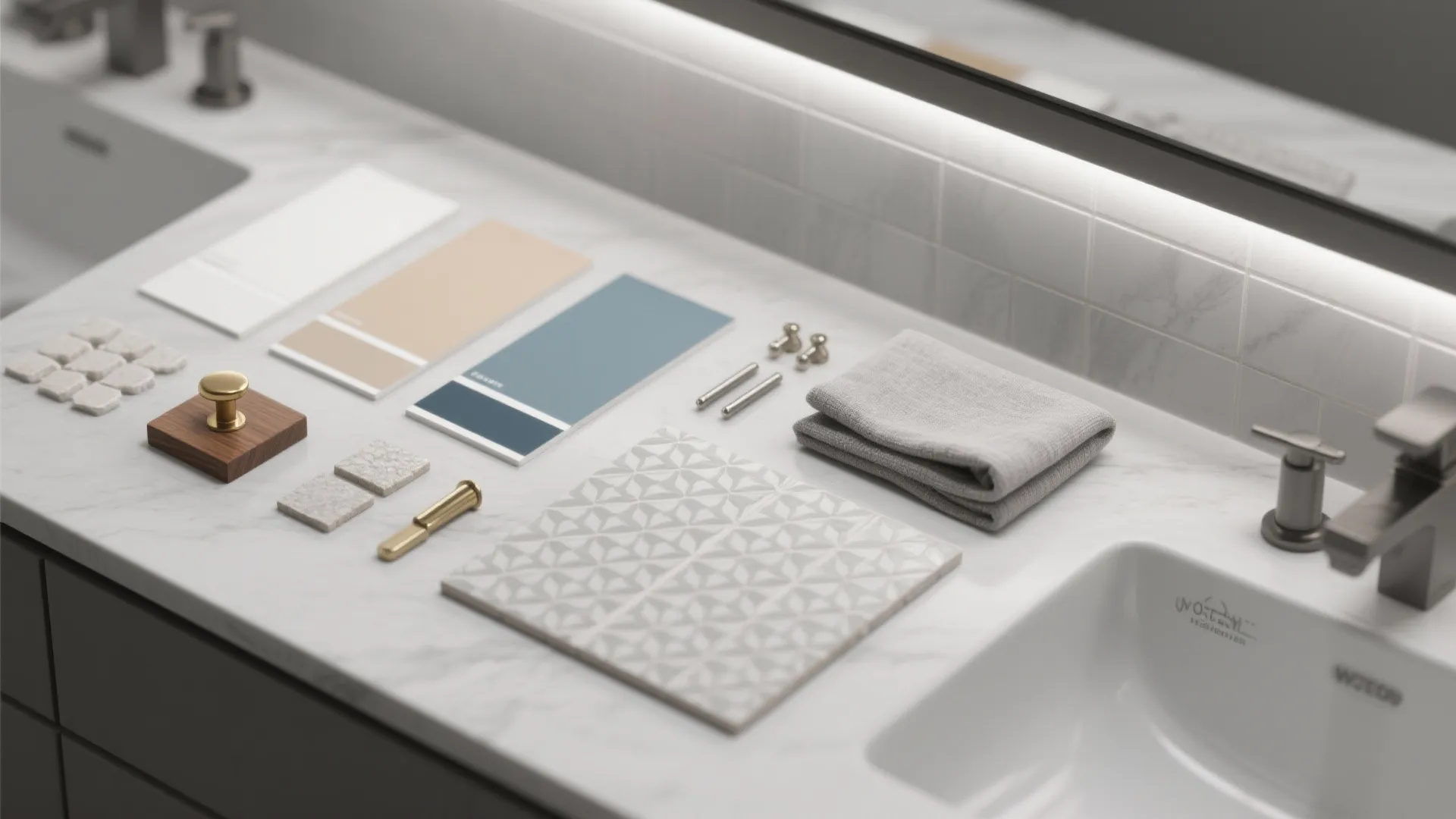 Flatlay of paint swatches, wood sample, hardware and tile chips for planning a gray vanity bathroom