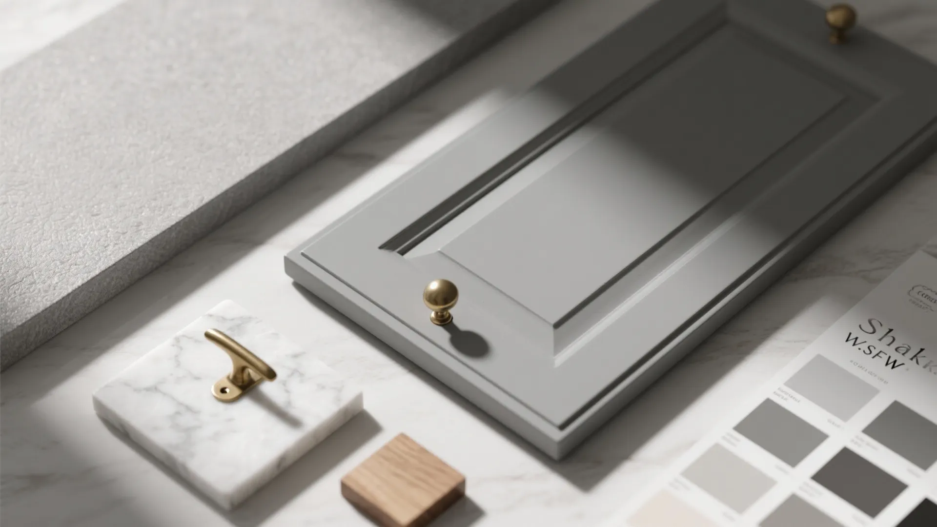 [
  {
    "url": "https://coohom-biz-sg-s3.coohom.com/ins/static/article/material-flatlay-1763177933850441300.jpg",
    "alt": "Grey kitchen cabinet door with gold knobs near marble tiles and a color swatch palette"
  }
]