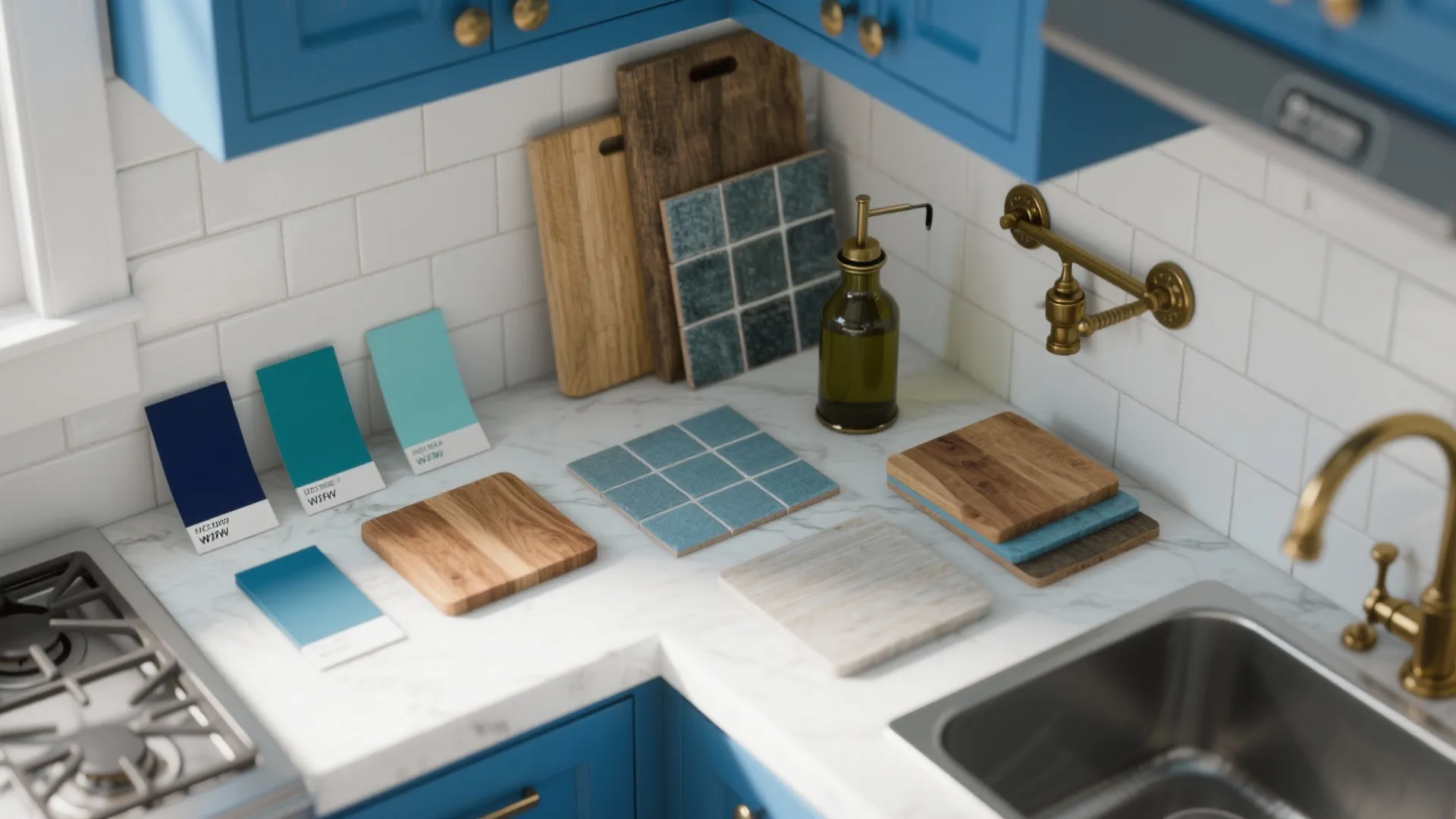 Marble countertop with blue color swatches wood samples and small tiles for kitchen interior design