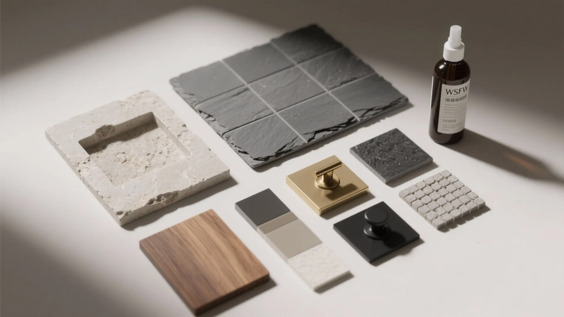 Interior design material samples including grey stone tiles wood floor piece and gold metal handle