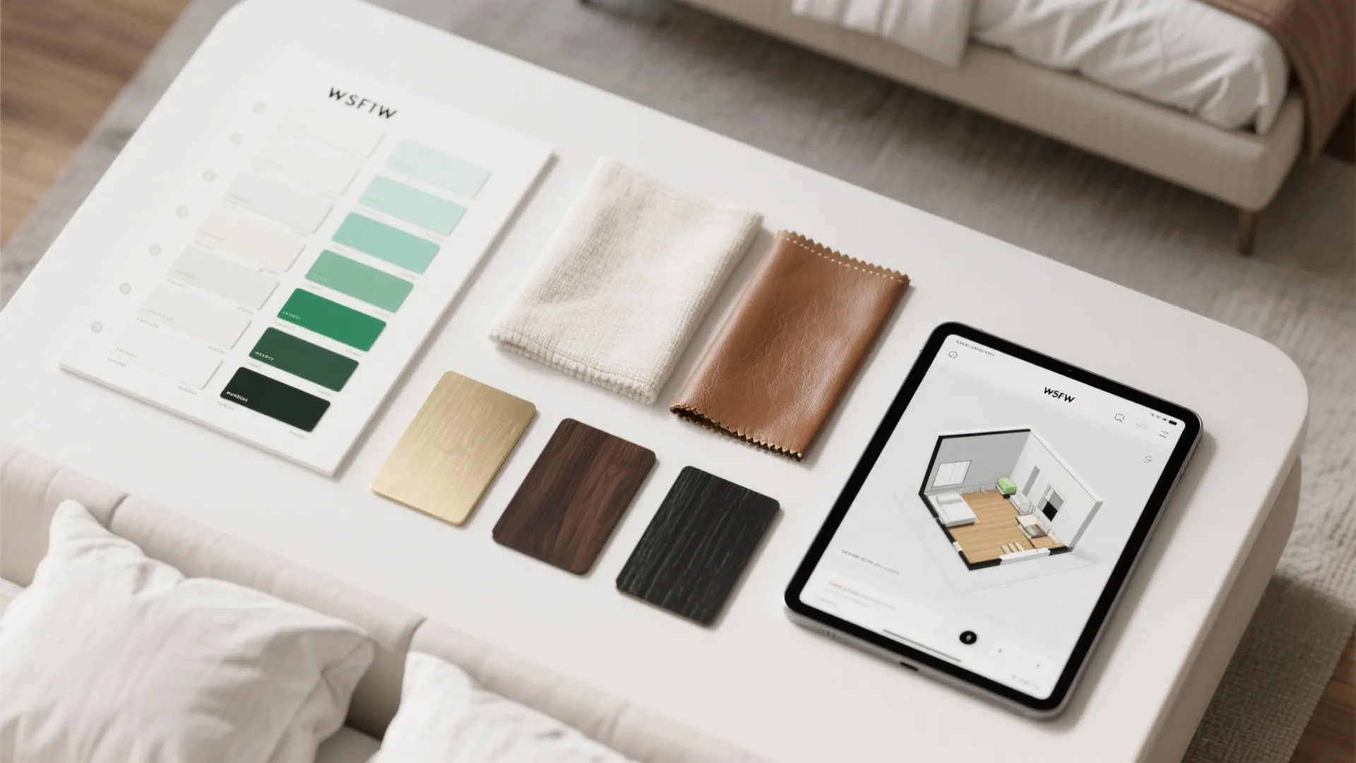 Interior design mood board with color swatches fabric samples wood tiles and tablet showing layout