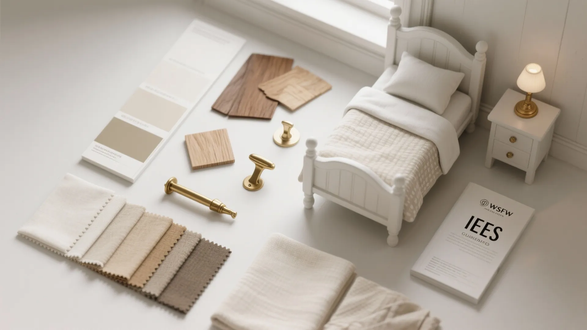Interior design mood board with fabric samples wood pieces metal handles and miniature white bed