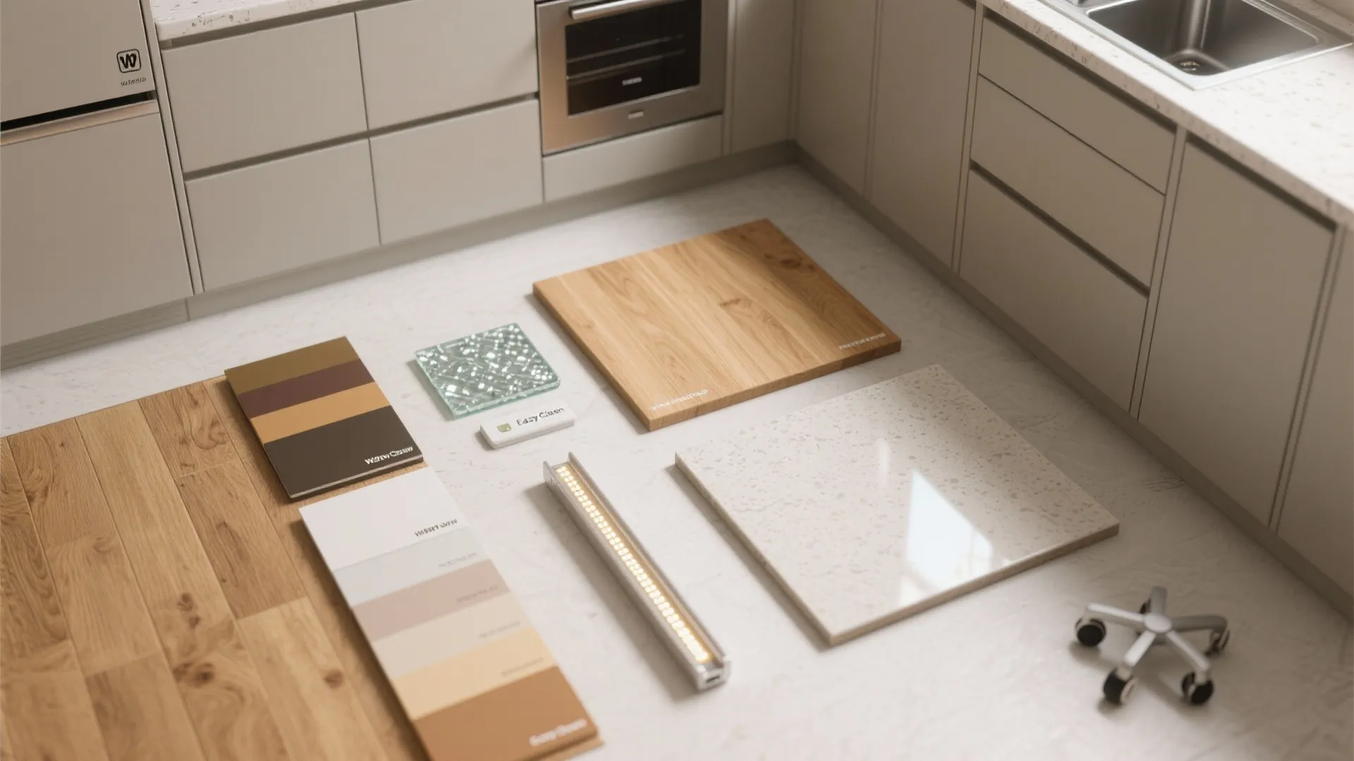 Interior design floor plan samples including wood tiles stone board and color palette on white floor