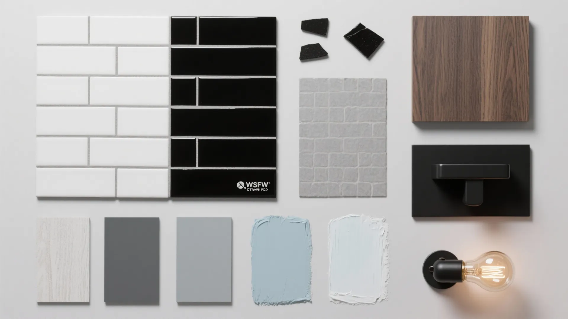 Flatlay of tile, grout, wood and hardware samples for a black-and-white bathroom palette.