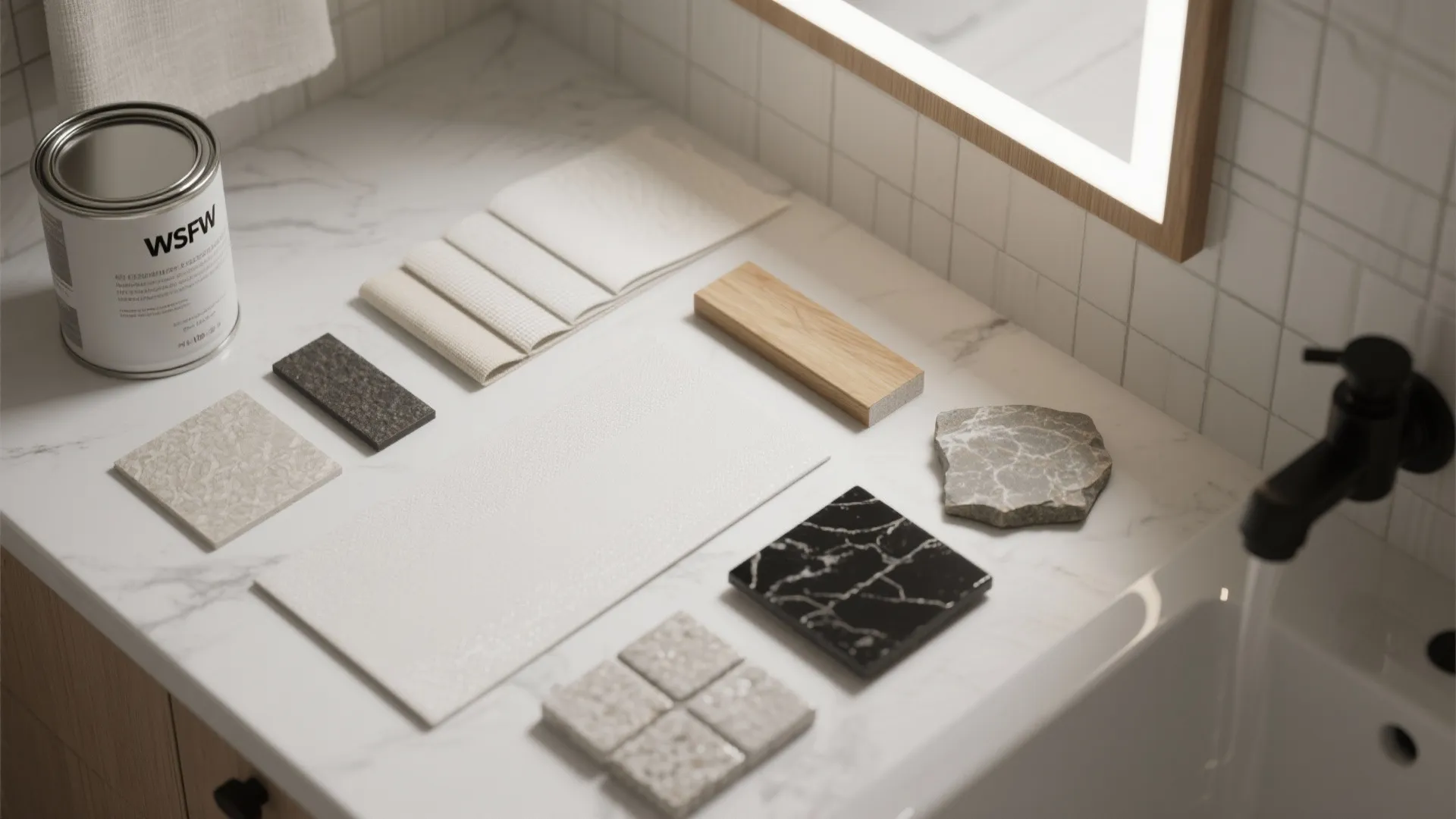 Interior design material samples including marble tiles wood and fabric on a white bathroom counter