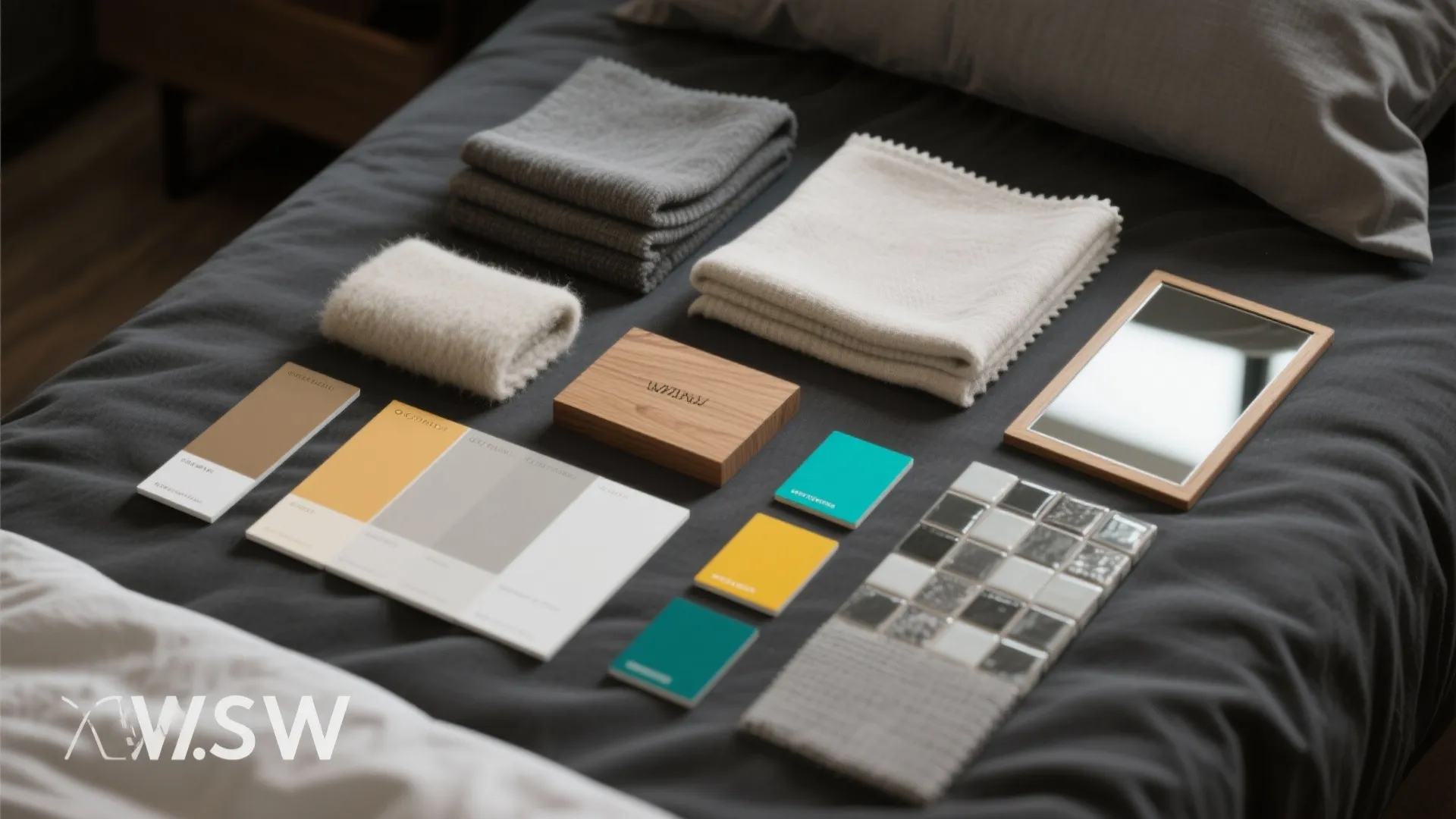 Top-down moodboard with fabric swatches, paint chips and accent color samples for a dark grey bedroom.