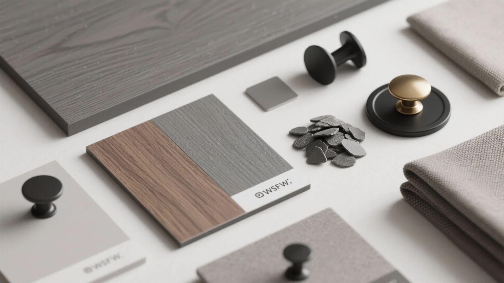 Flatlay of grey wood samples, hardware finishes and fabric swatches showing warm and cool undertones.