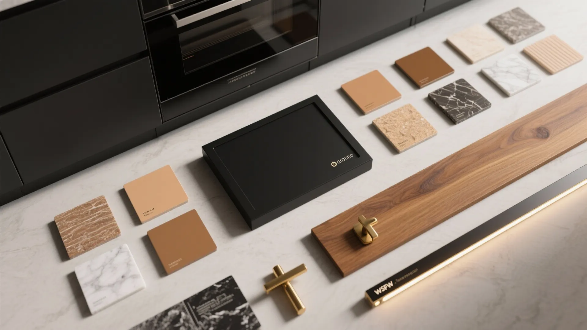 Interior design material board with stone samples wood planks gold handles and black cabinet panels