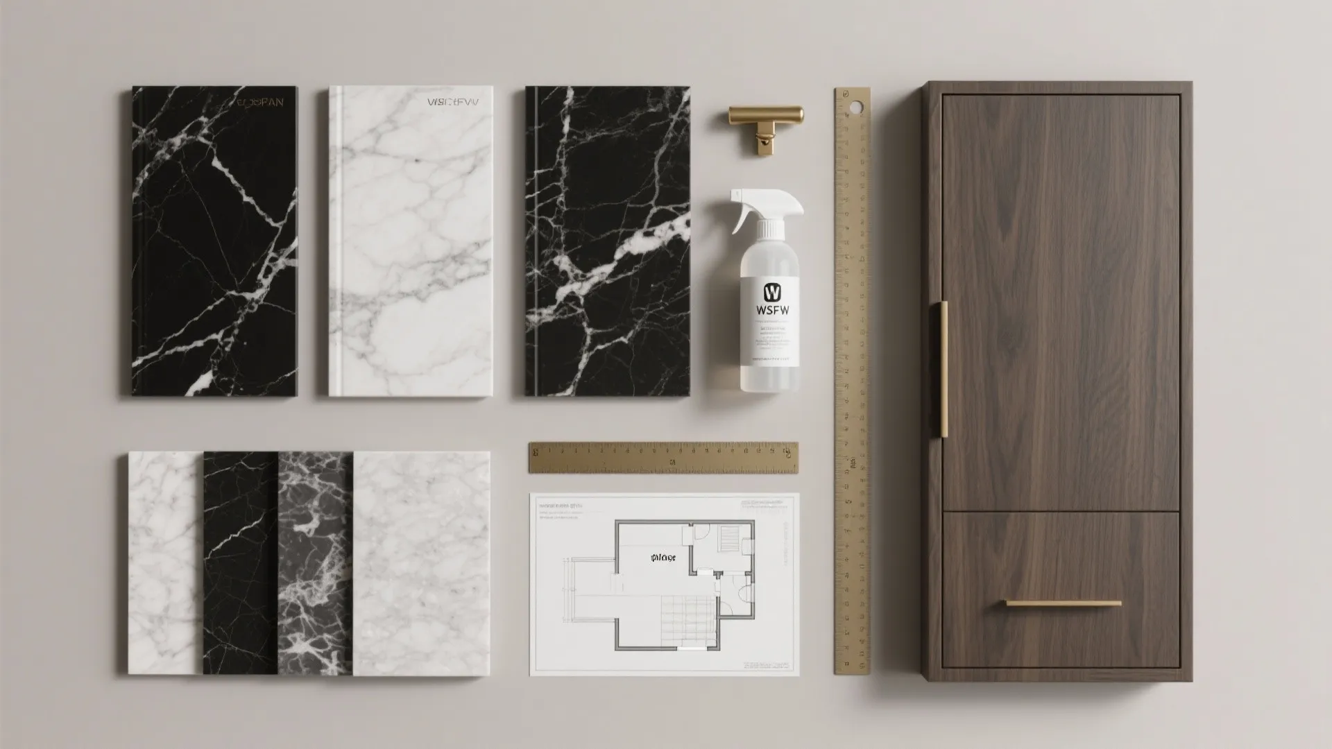 Material samples including marble tiles and wood cabinet with a floor plan and a ruler