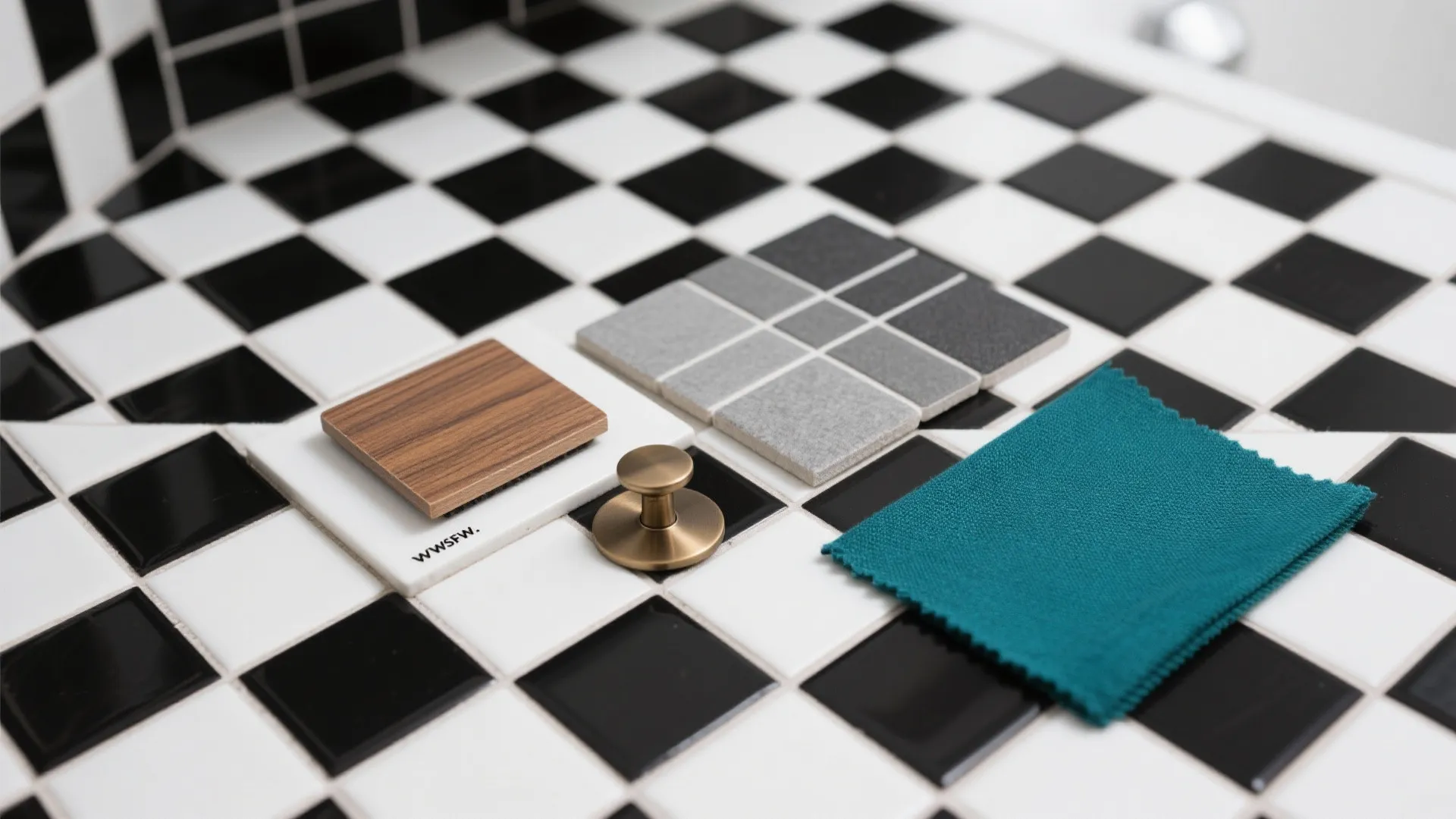Top-down flatlay of tile, grout, wood-look and brass samples for a checkered bathroom palette.