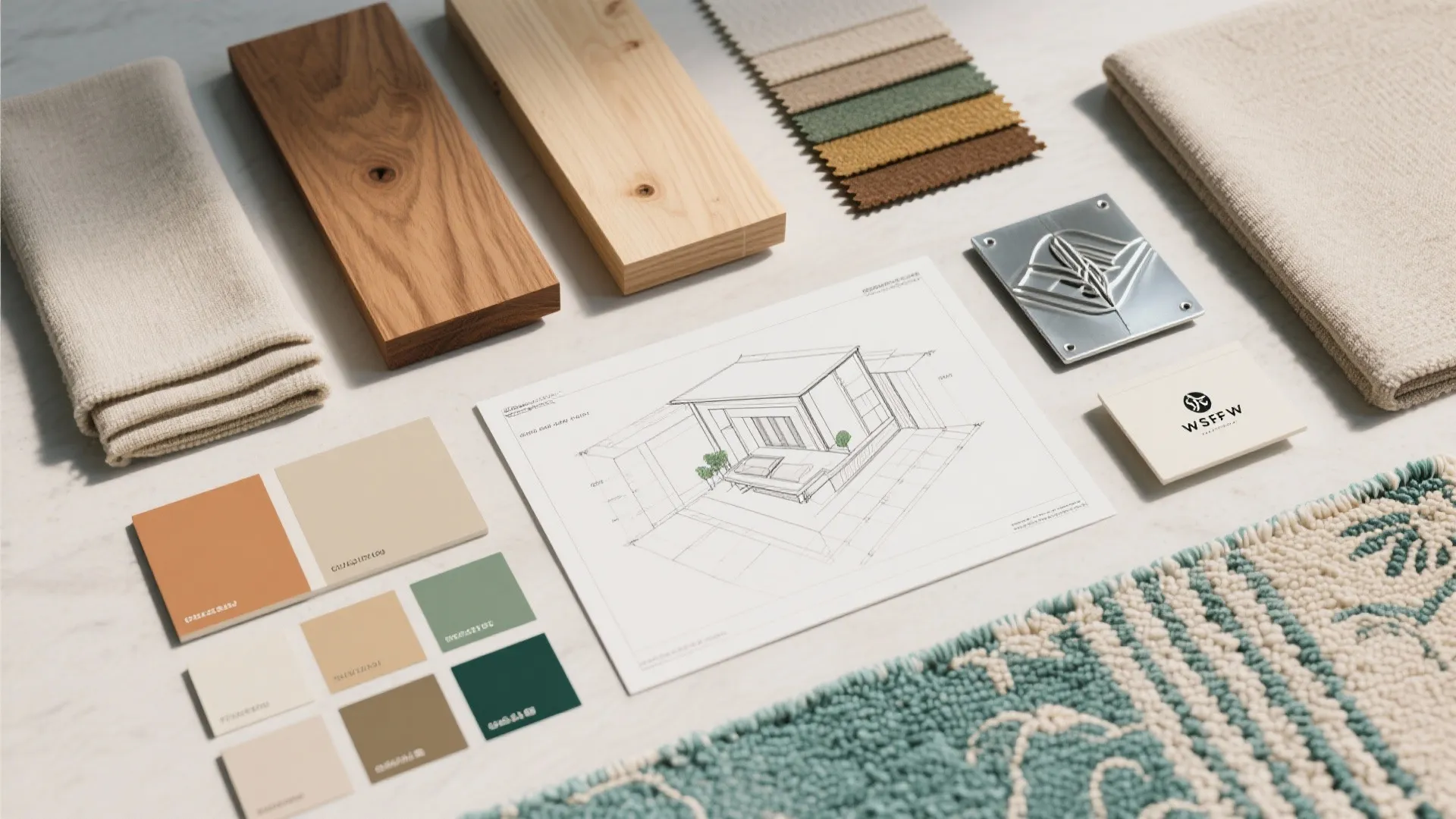 Flatlay of material samples and layout sketches for a Daytona Beach suite