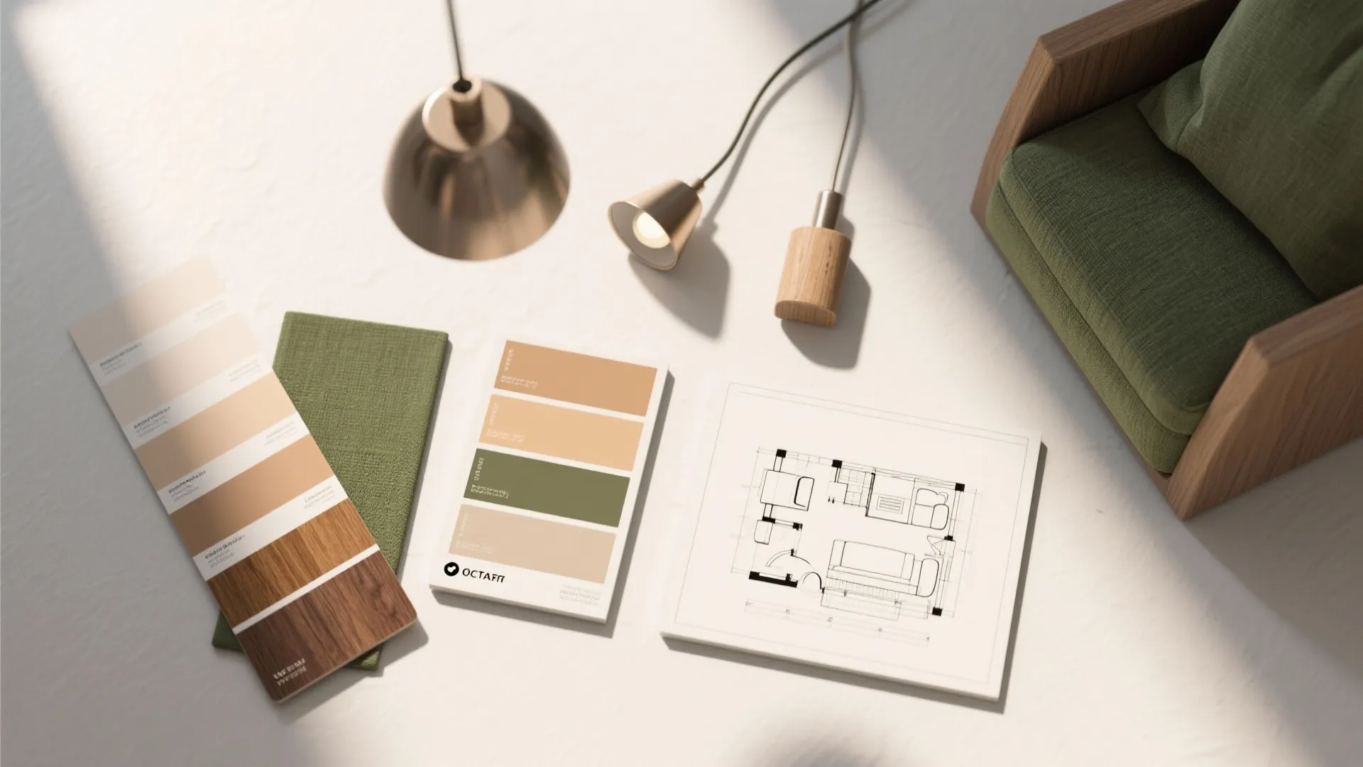Material flat lay including color swatches, interior design drawing, green fabric, and small modern lights