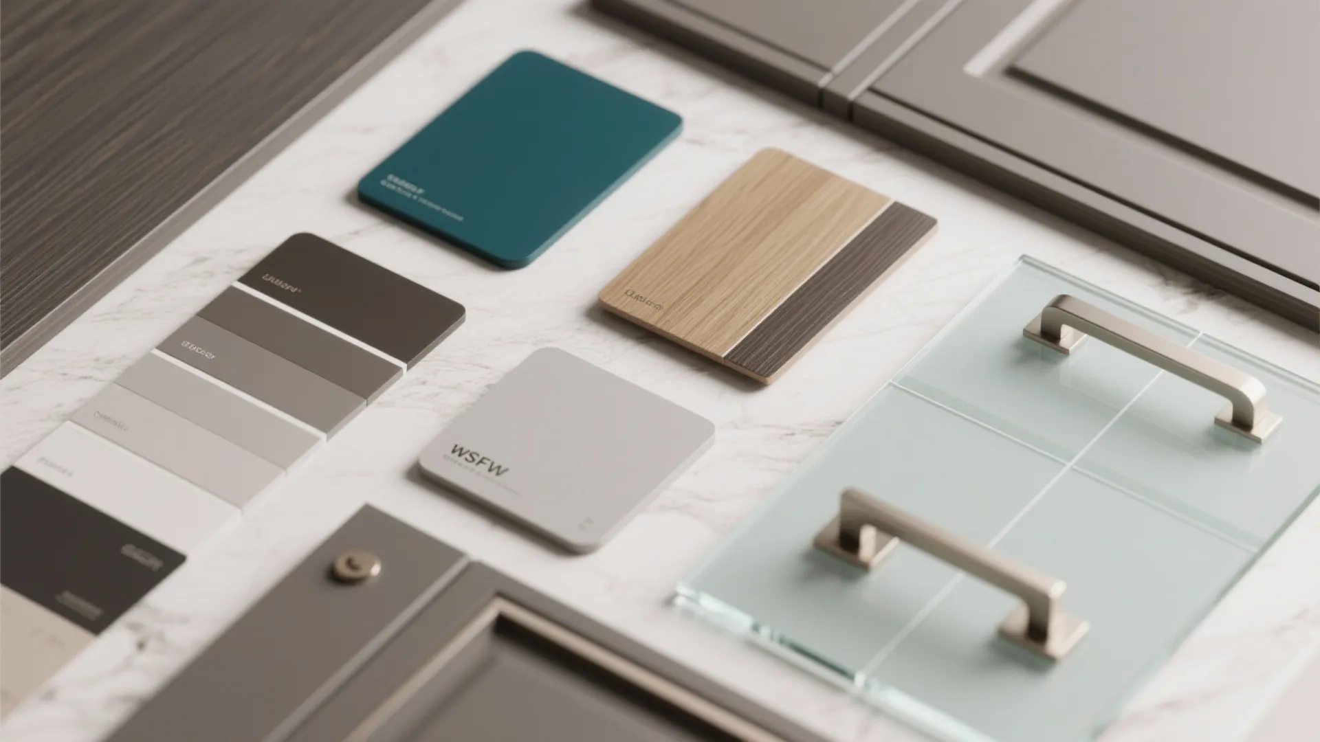 Interior design material samples with wood patterns color swatches metal handles and glass pieces on marble