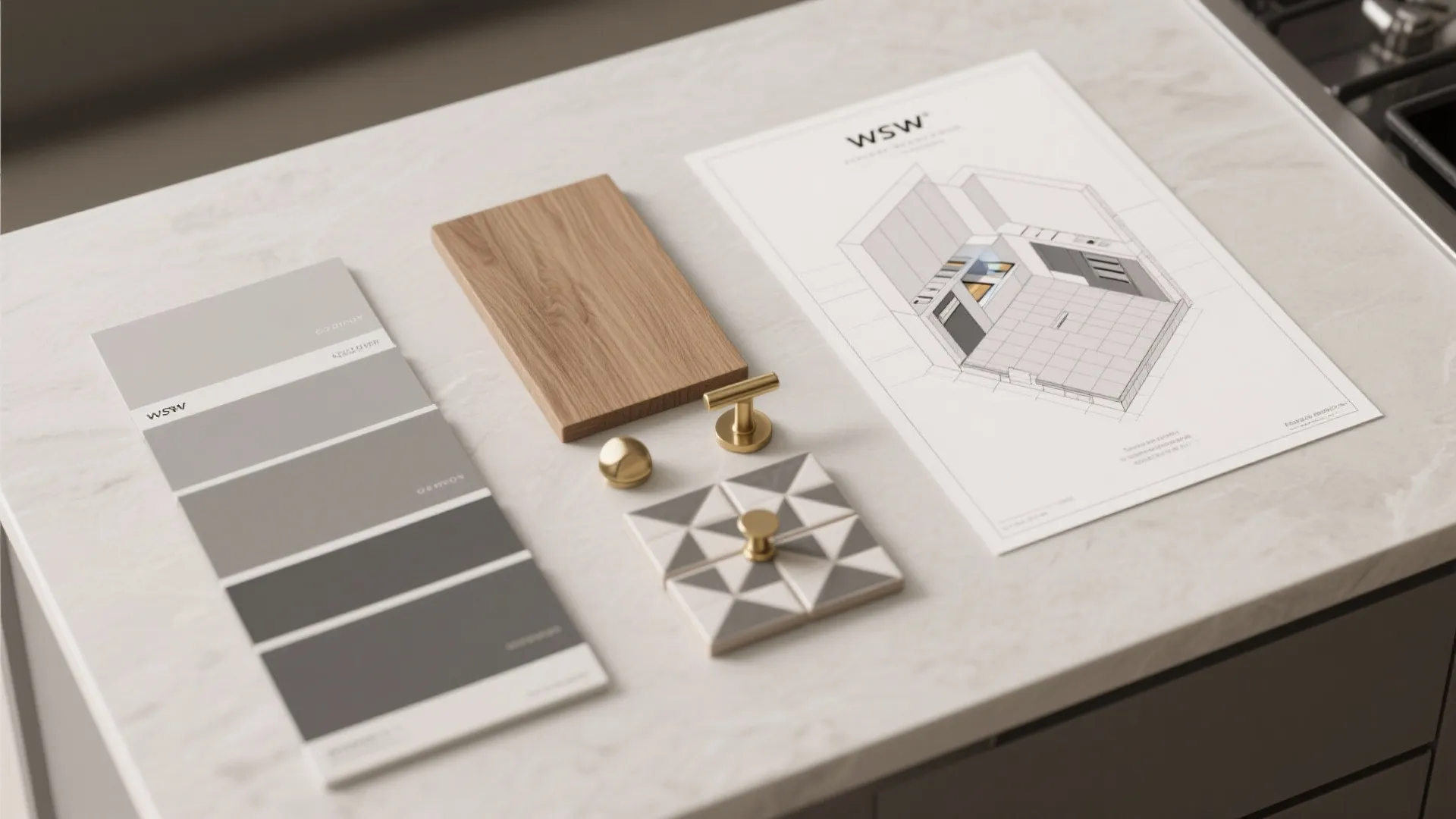 Flatlay of gray paint swatches, oak sample, brass hardware and tile sample for kitchen planning