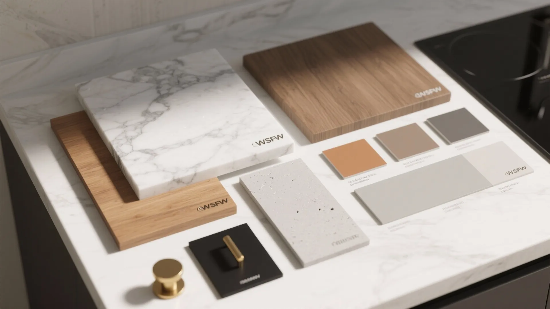 Interior design material board with marble wood samples color swatches and brass handles on white surface