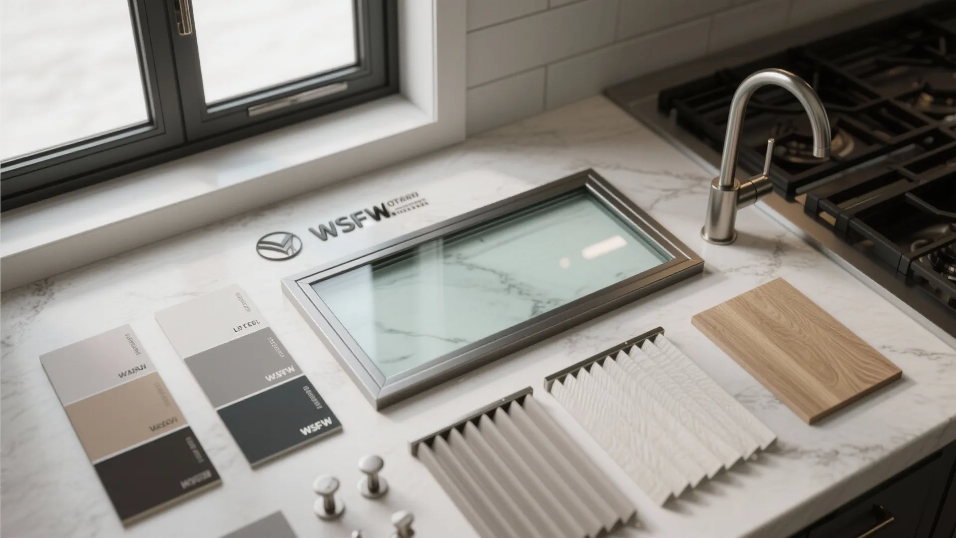 Flatlay of material samples for a garage-style kitchen window: tempered glass, frame finishes, frosted film and hardware samples.