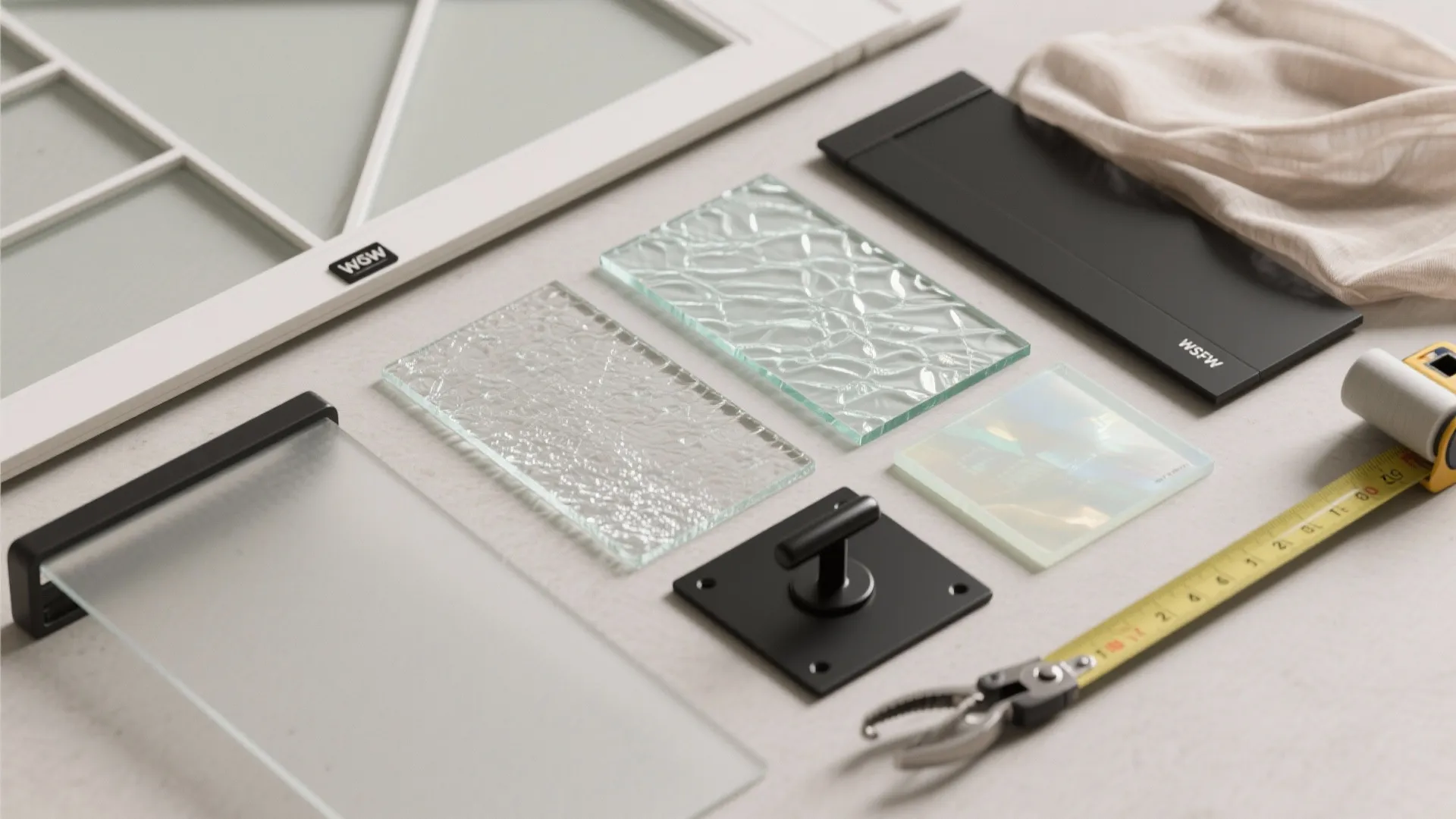 Flatlay of glass swatches, hardware, and fabric samples for barn door options
