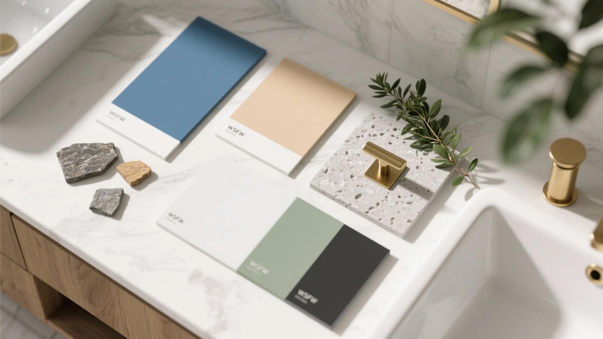 Color samples and stone tiles arranged on white marble surface with a gold cabinet handle