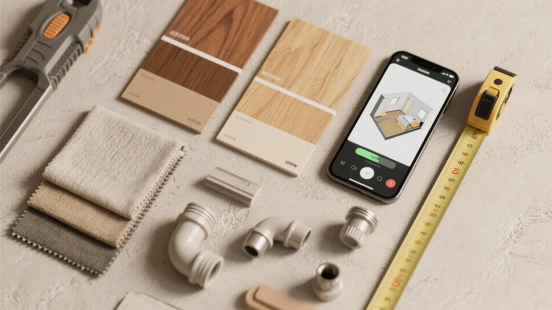 Flatlay of material swatches, fittings and a phone with a 3D floor planner for apartment renovation planning