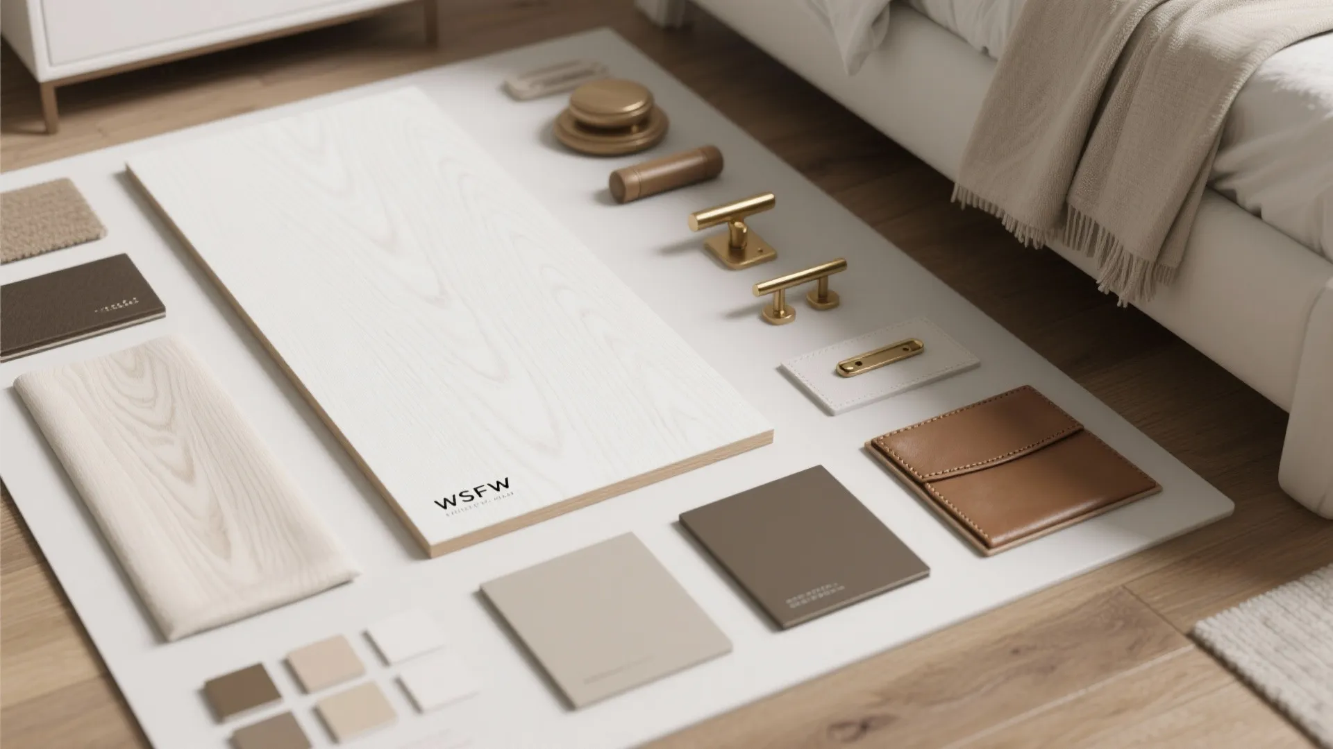 Flatlay of pale oak veneer, painted white sample, brass hardware and textile swatches for bedroom design