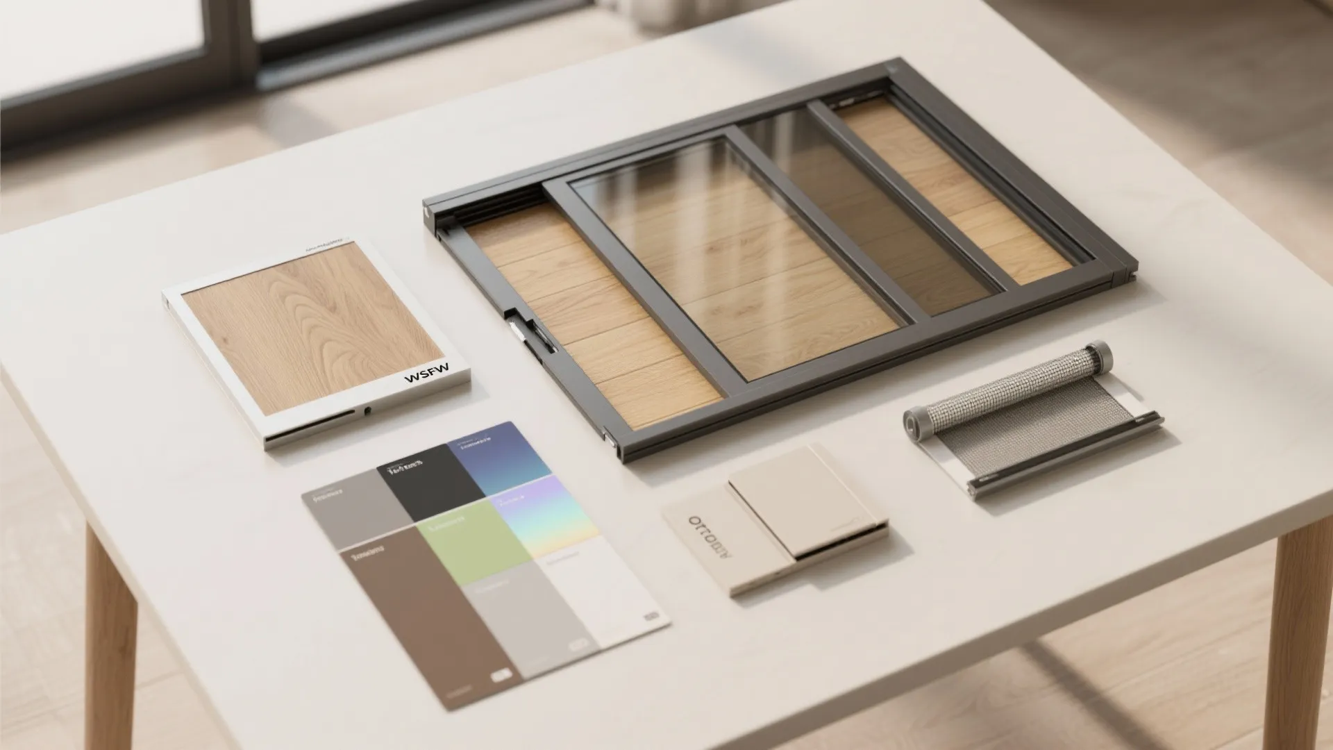 Small interior design samples including window frames wood panels and color charts on a table