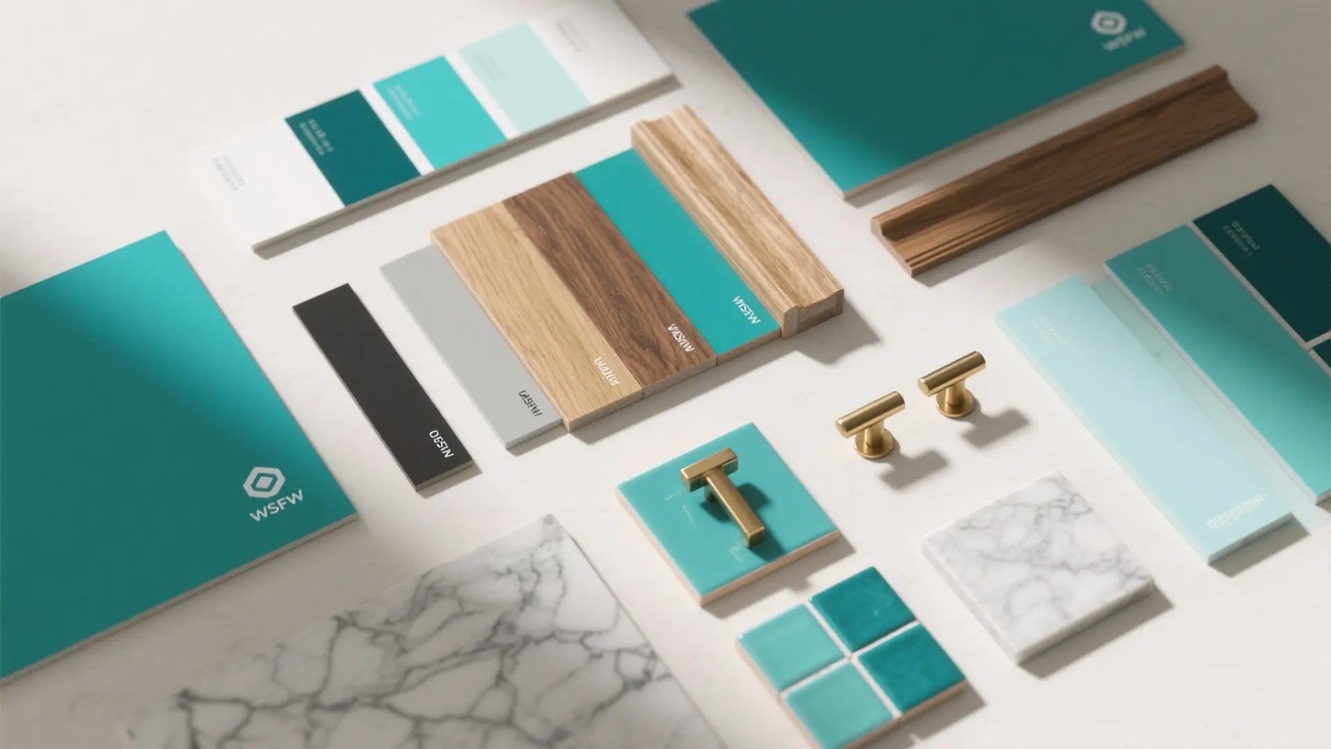 Interior design material board with teal color swatches wood samples marble tiles and gold cabinet handles