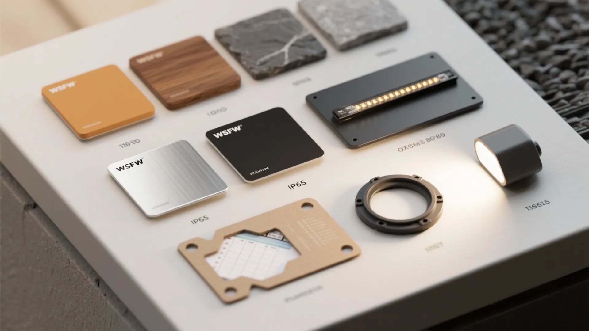 Material flatlay showing marine-grade aluminum, stainless steel, powder coat swatches, LED strip and gasket samples