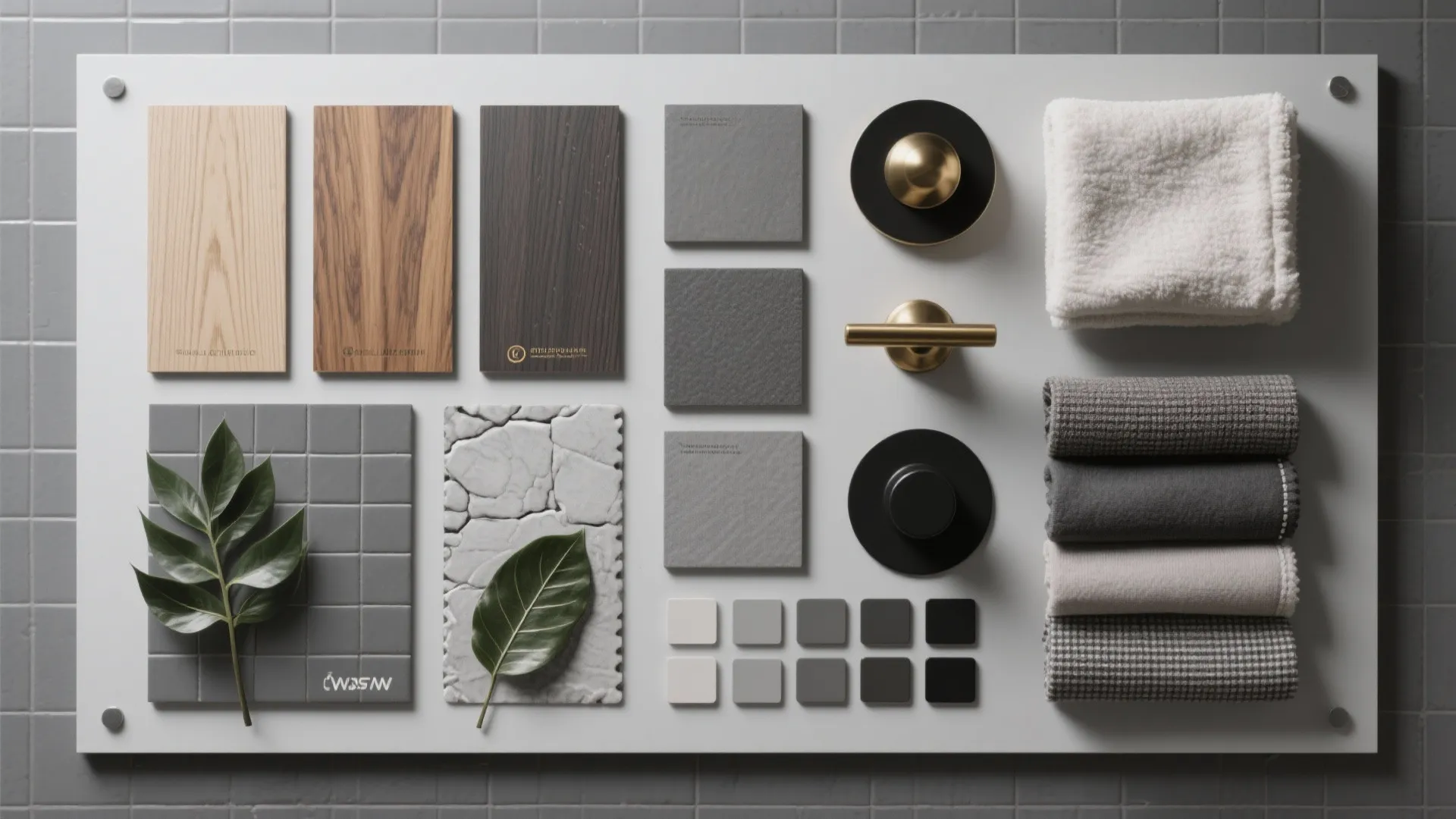 Material flatlay with grey tile samples, wood veneer, fixture swatches and fabric for a grey bathroom scheme.