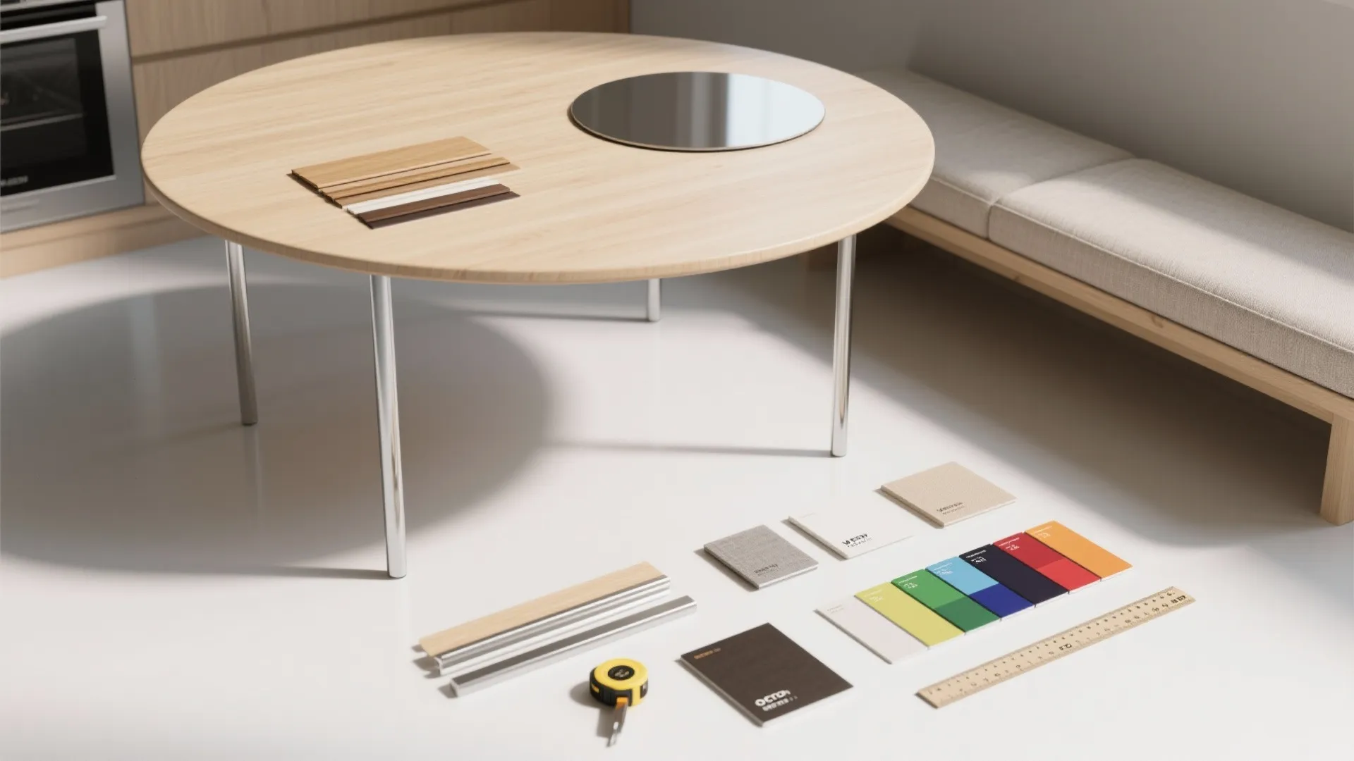 Interior design materials with wood samples and colorful tiles laid out on a white floor